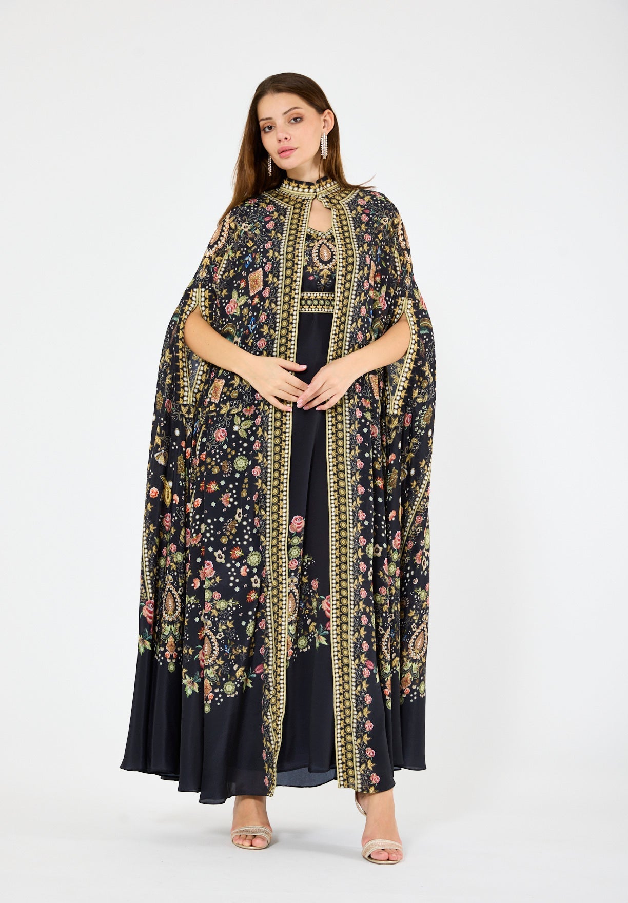 Multicolor Floral Print Bisht & Dress Set