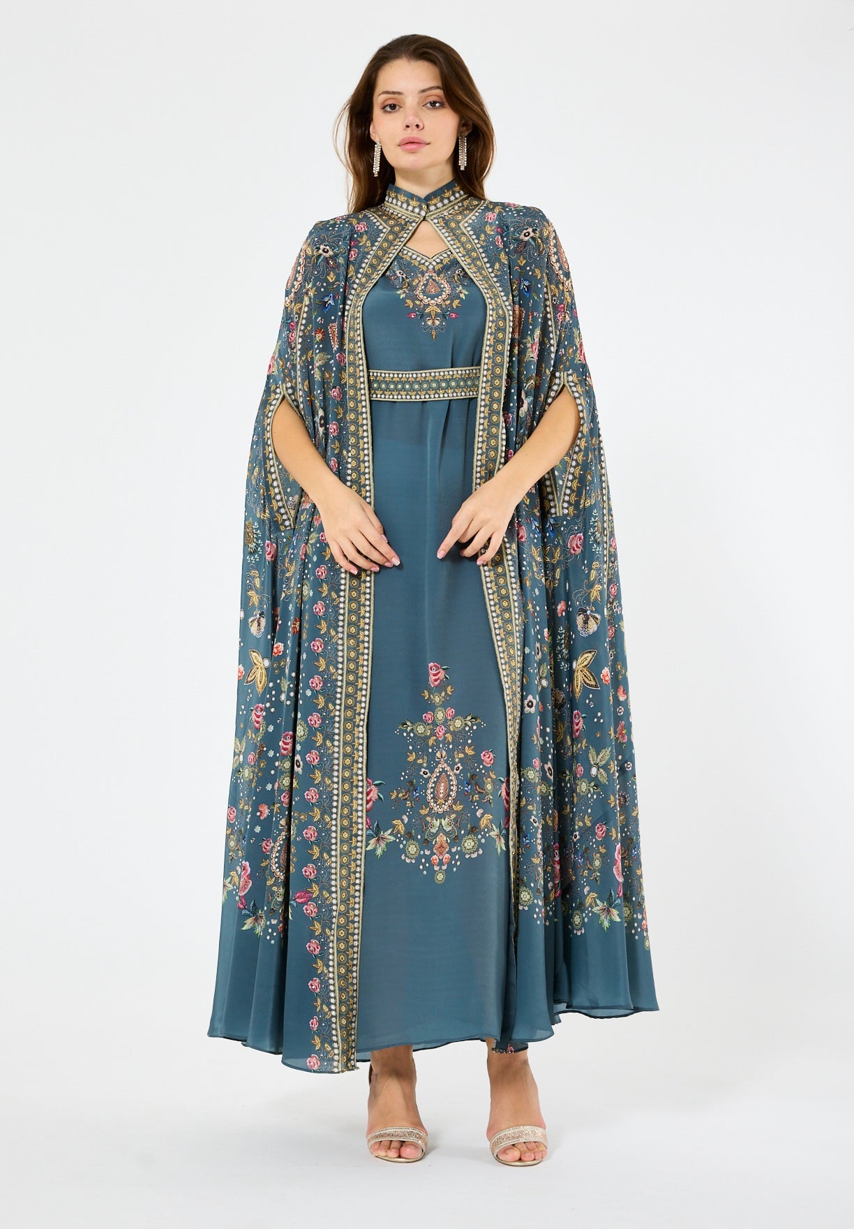 Multicolor Floral Print Bisht & Dress Set