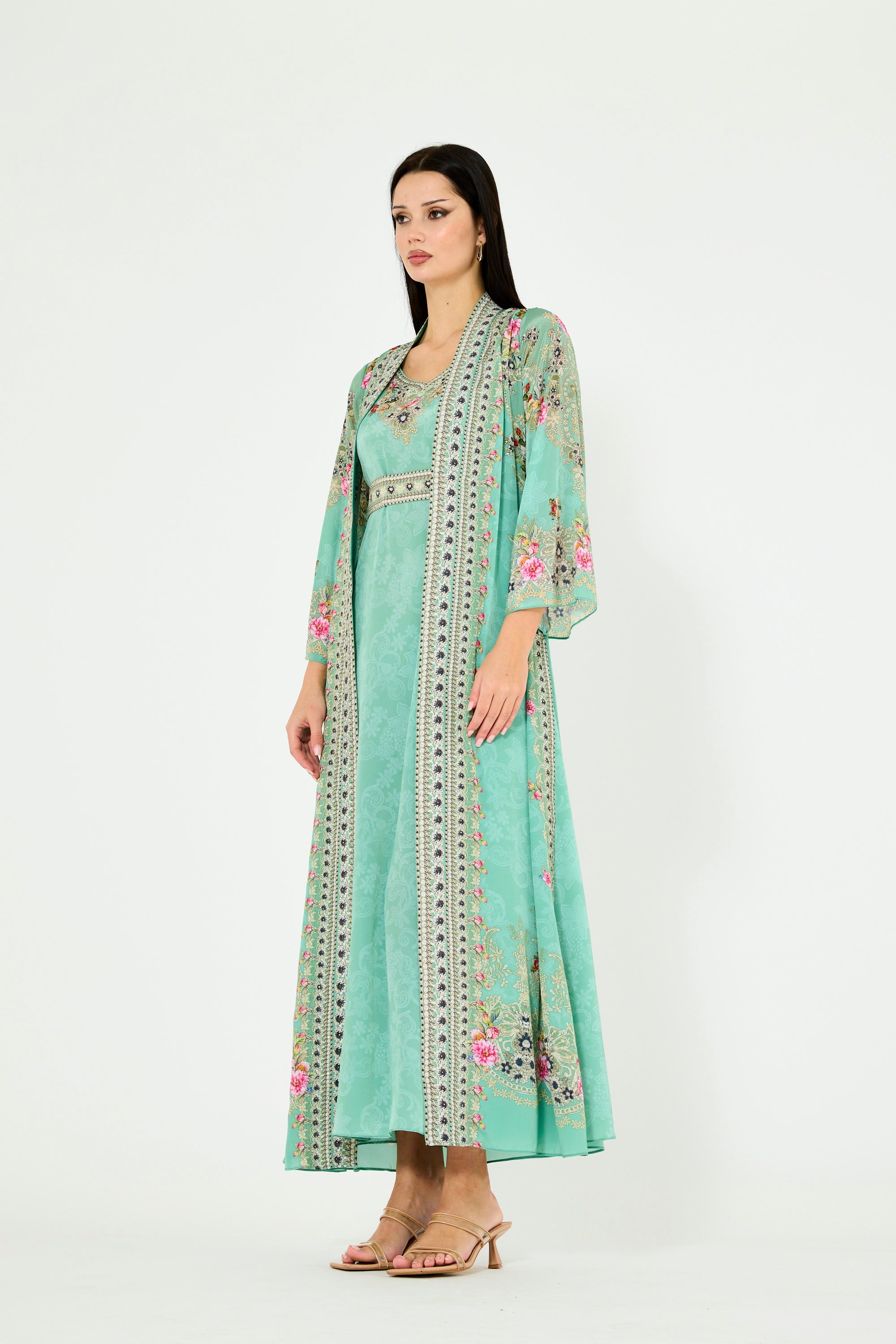 Western Florals Cluster Print Bisht & Dress Set