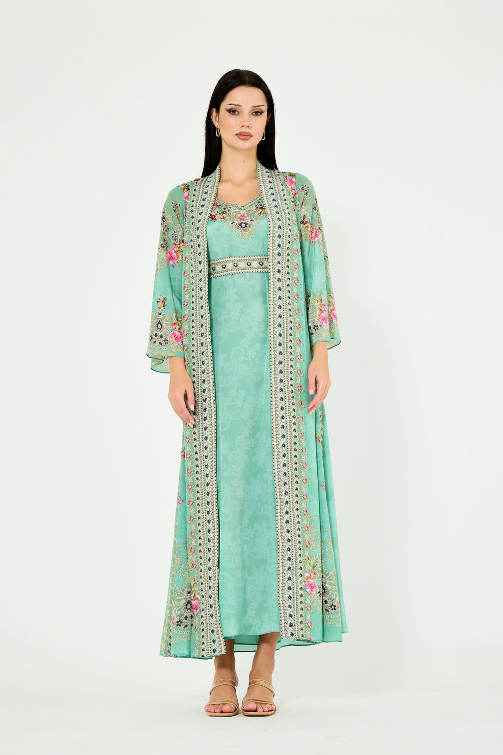 Western Florals Cluster Print Bisht & Dress Set
