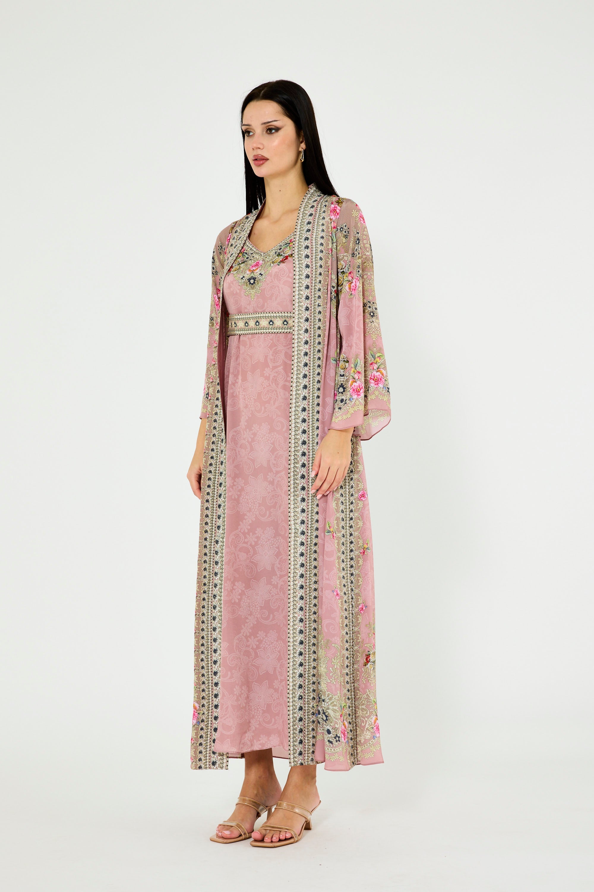 Western Florals Cluster Print Bisht & Dress Set