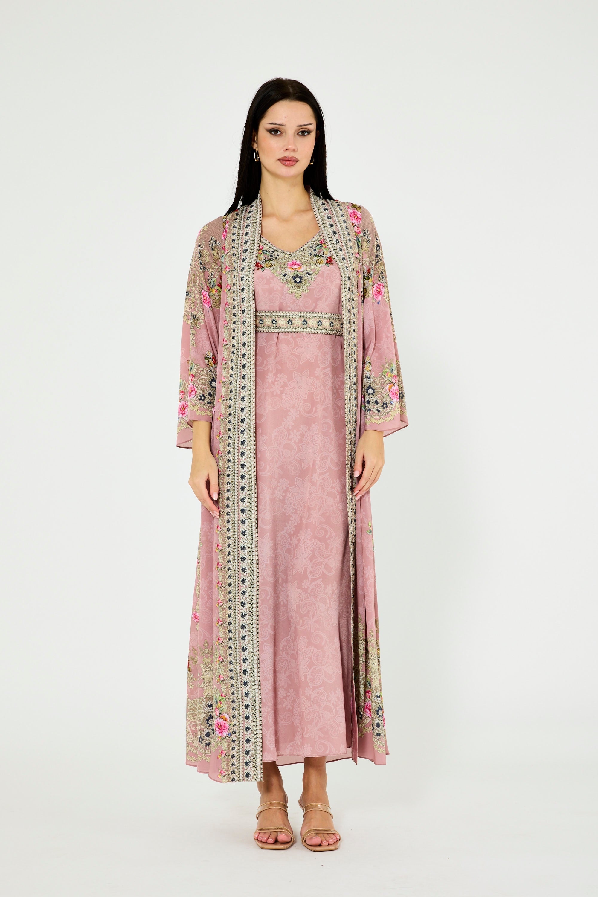 Western Florals Cluster Print Bisht & Dress Set