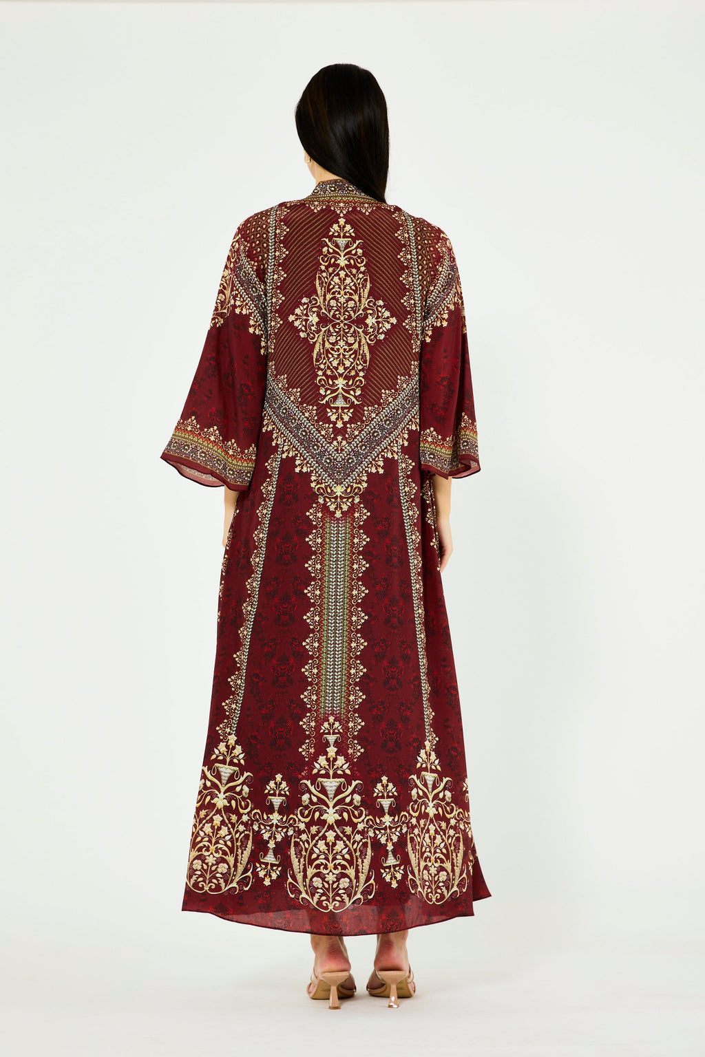 Intricate Floral Print V-Neck Bisht & Dress Set