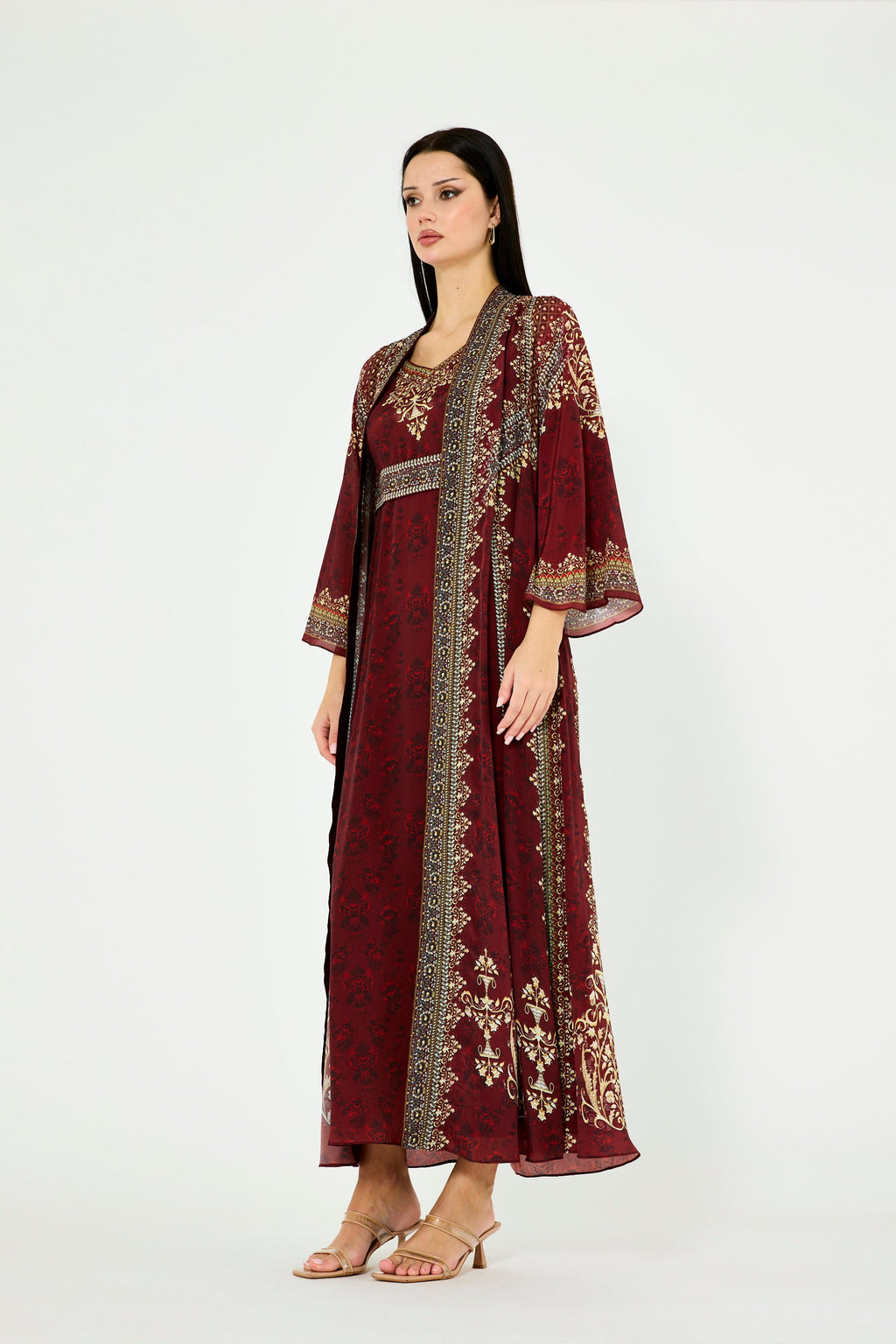 Intricate Floral Print V-Neck Bisht & Dress Set