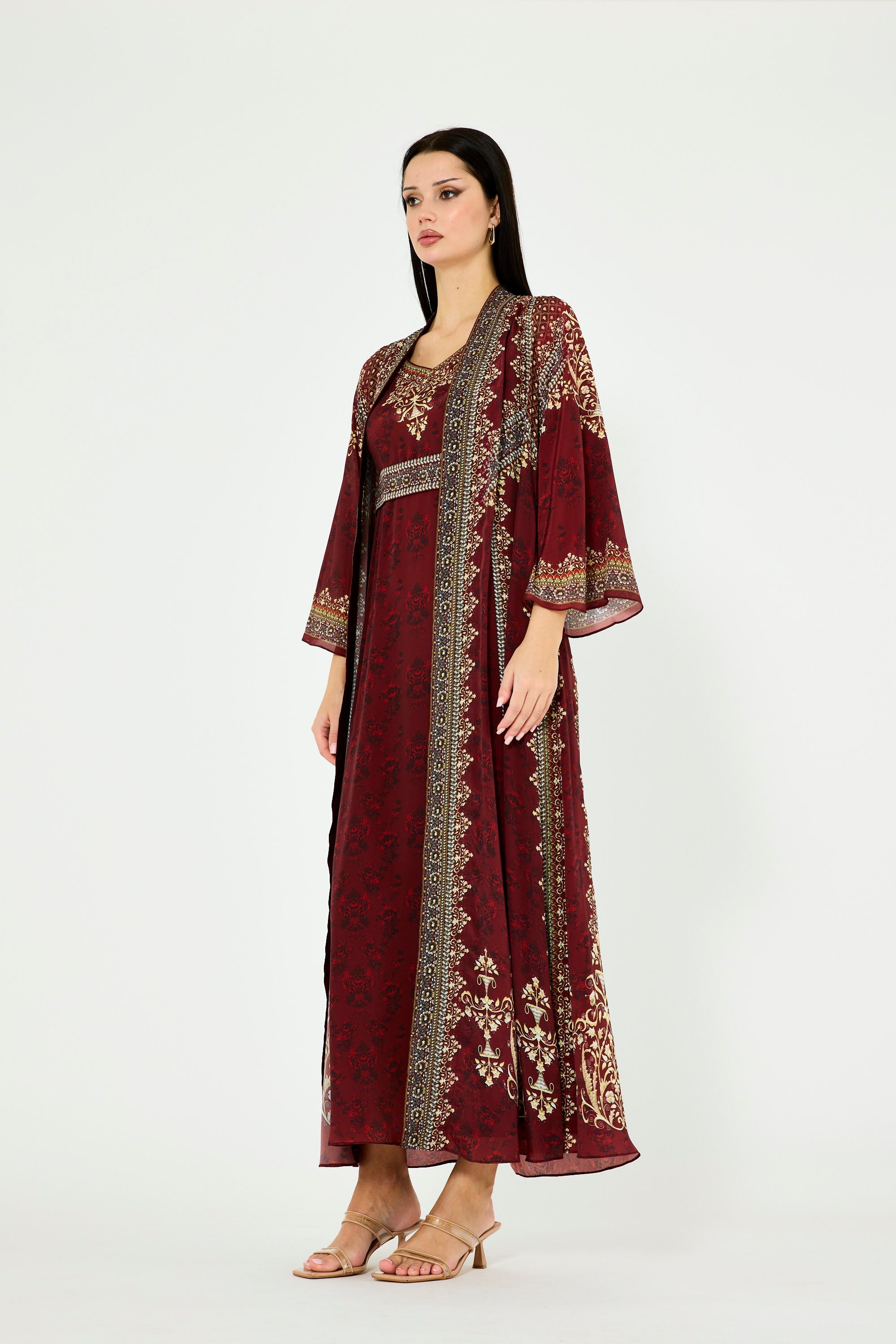 Intricate Floral Print V-Neck Bisht & Dress Set