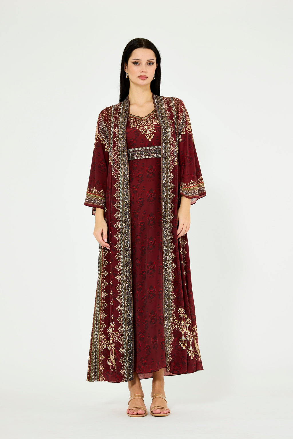 Intricate Floral Print V-Neck Bisht & Dress Set
