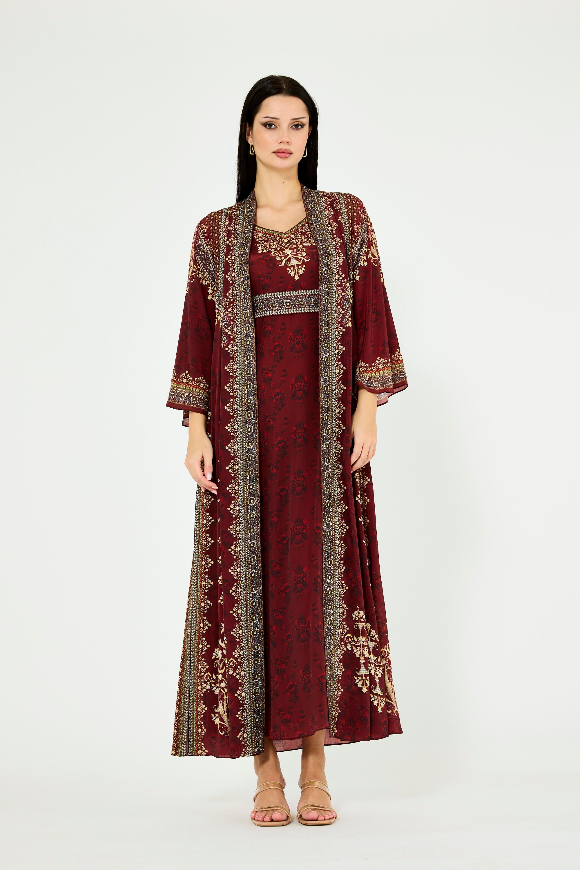 Intricate Floral Print V-Neck Bisht & Dress Set