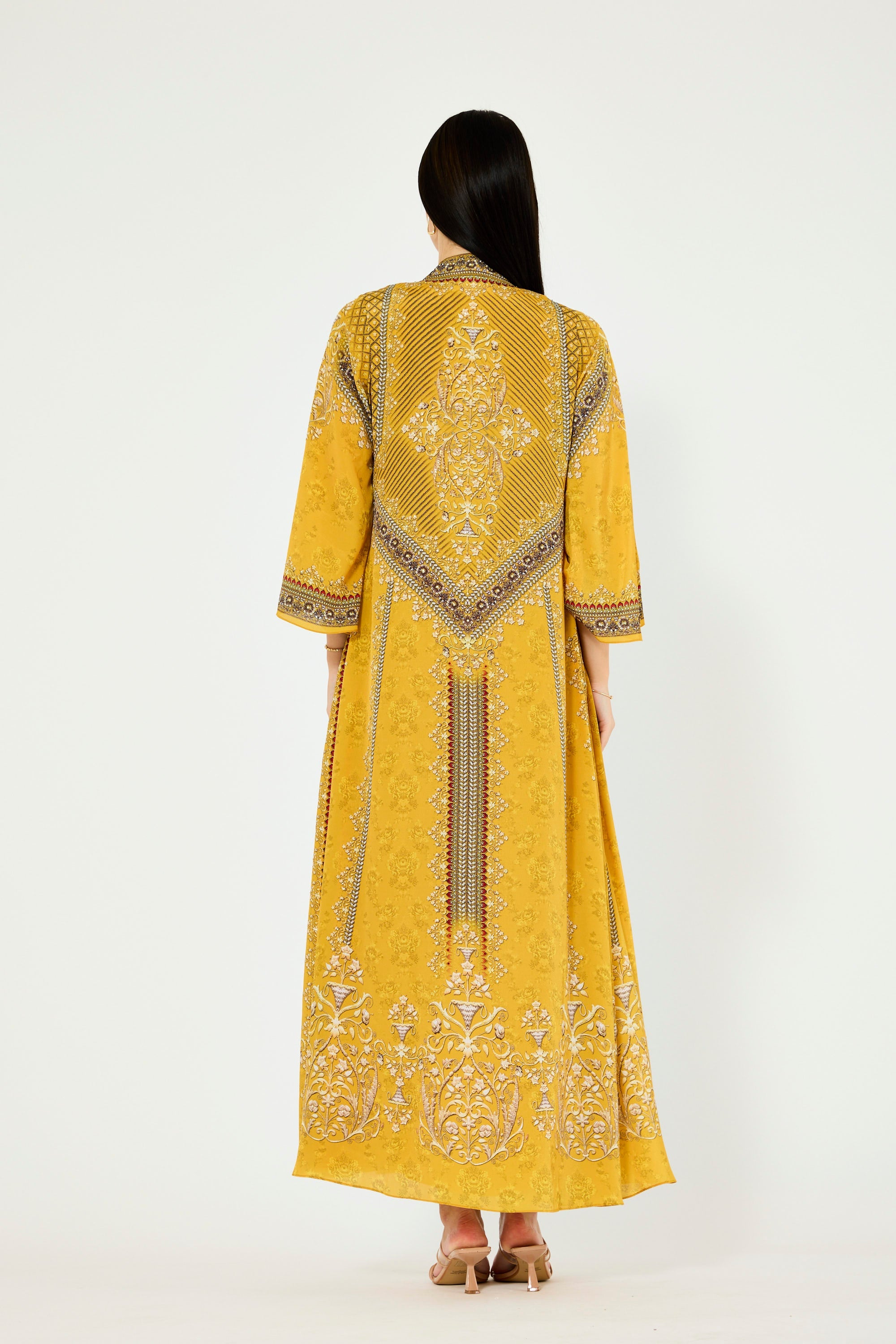 Intricate Floral Print V-Neck Bisht & Dress Set