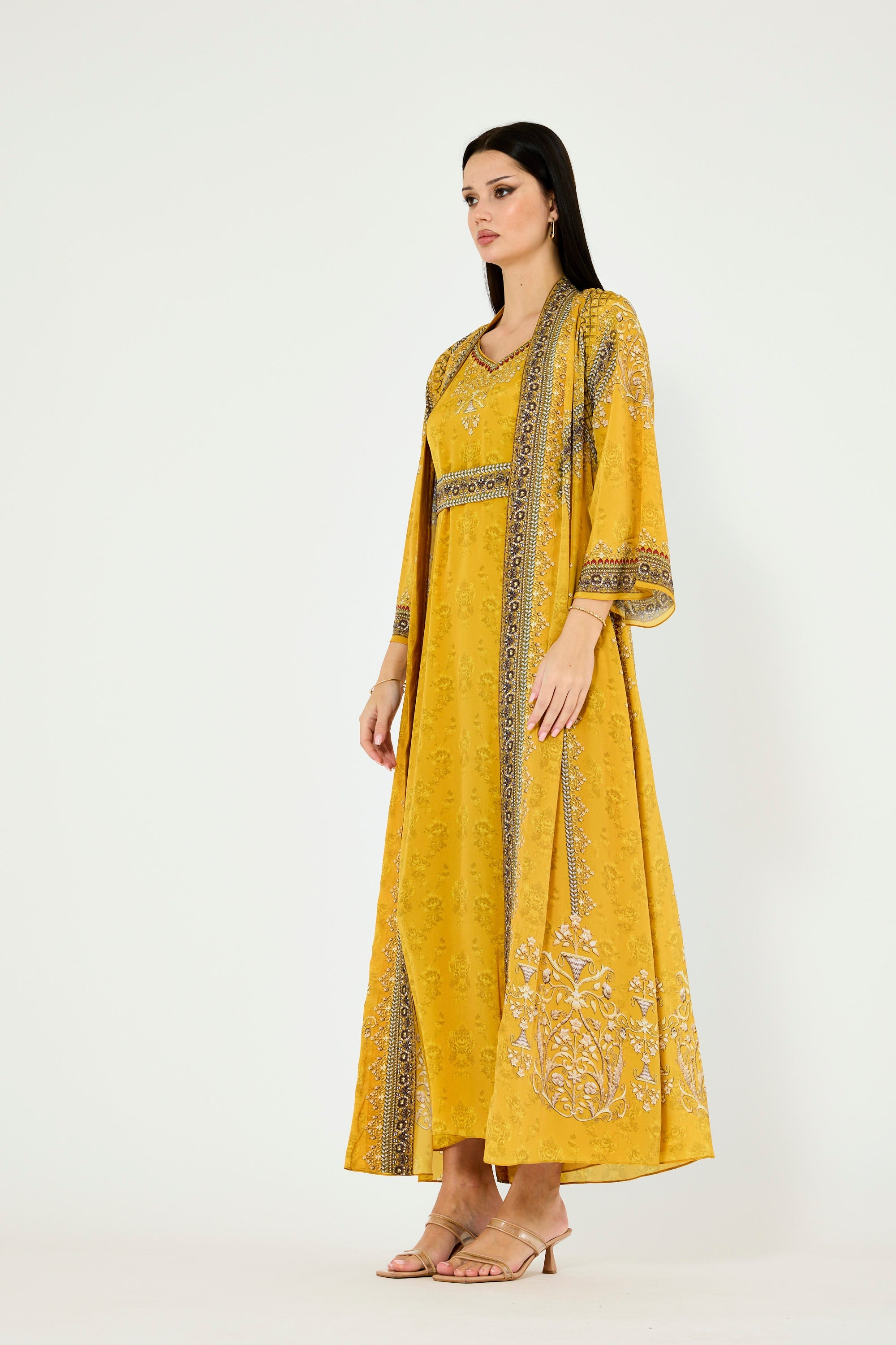 Intricate Floral Print V-Neck Bisht & Dress Set