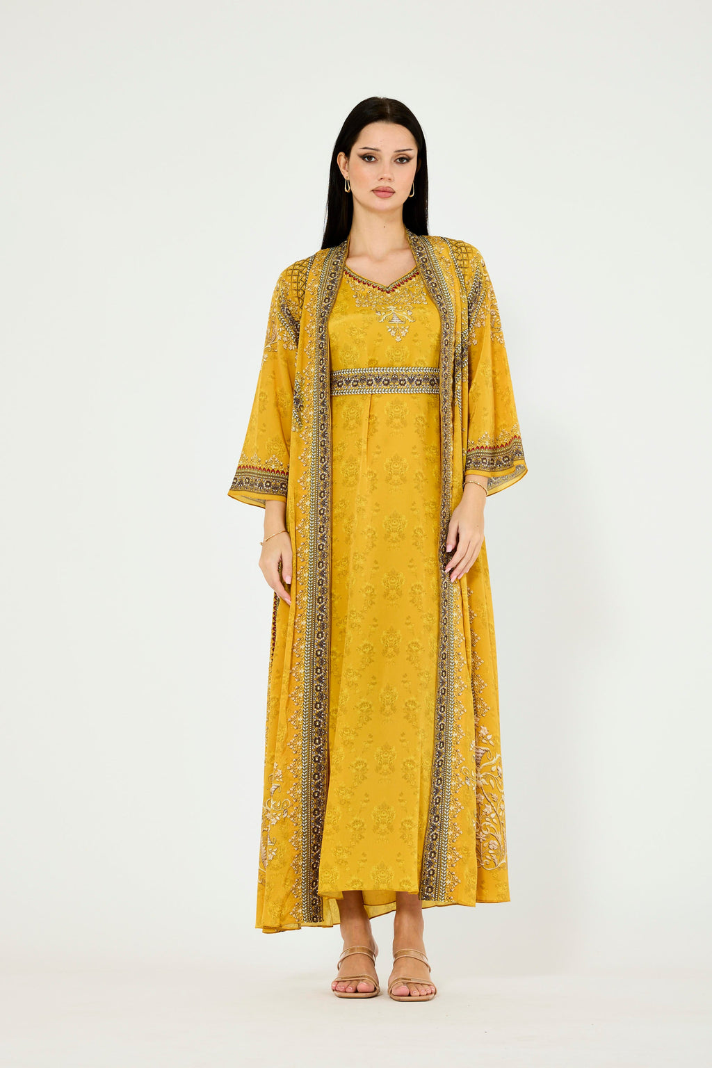 Intricate Floral Print V-Neck Bisht & Dress Set