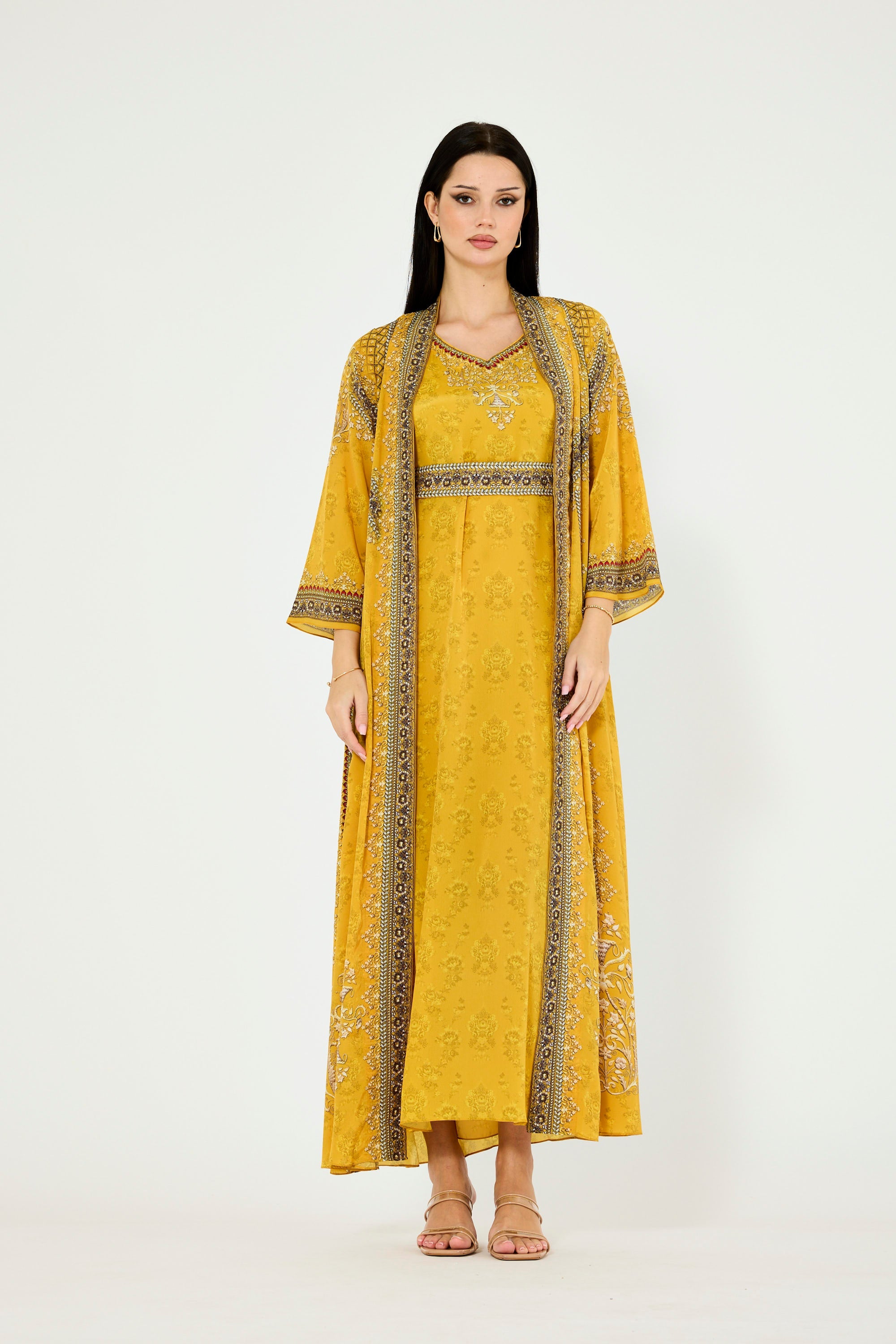 Intricate Floral Print V-Neck Bisht & Dress Set