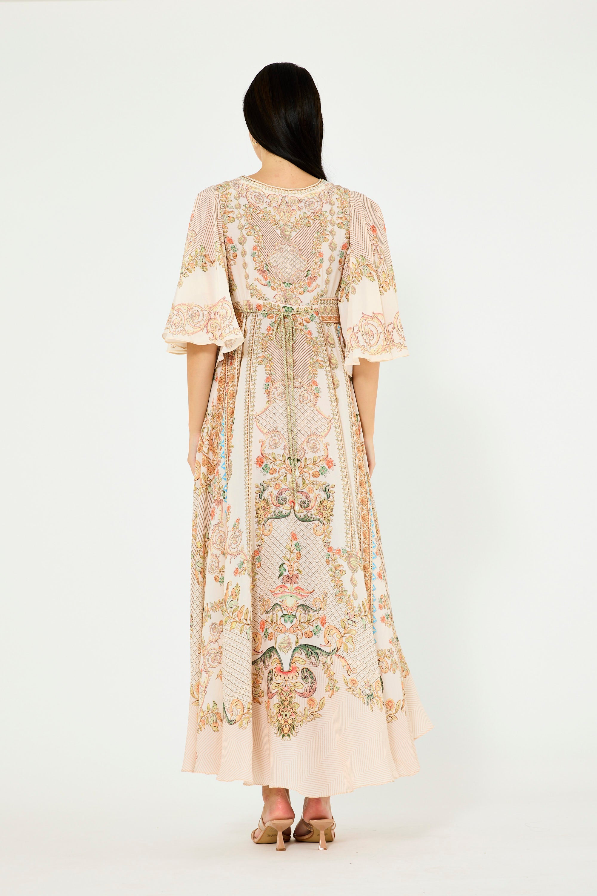 Bell Sleeve Wrap Bodice Fusion Printed Dress