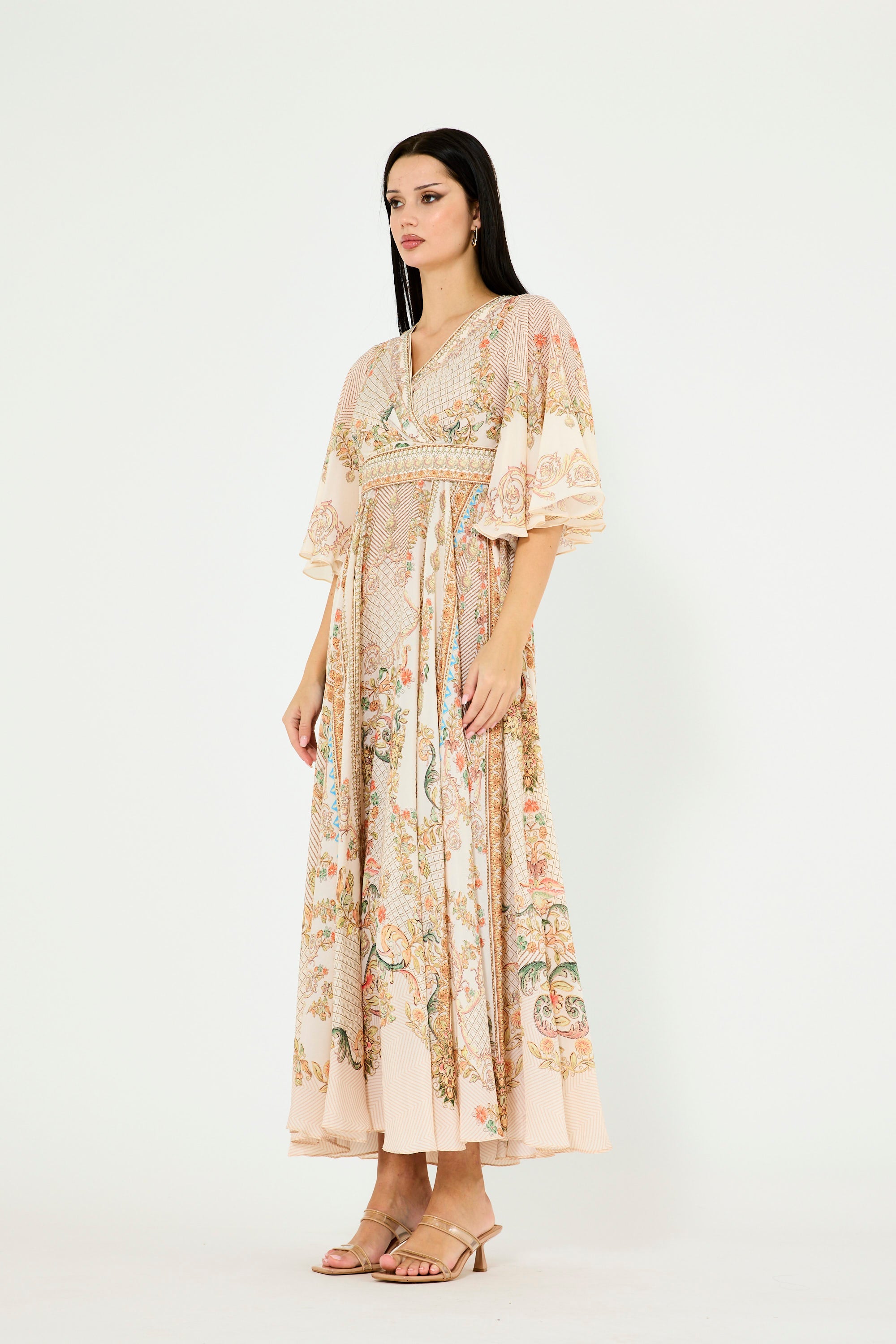 Bell Sleeve Wrap Bodice Fusion Printed Dress