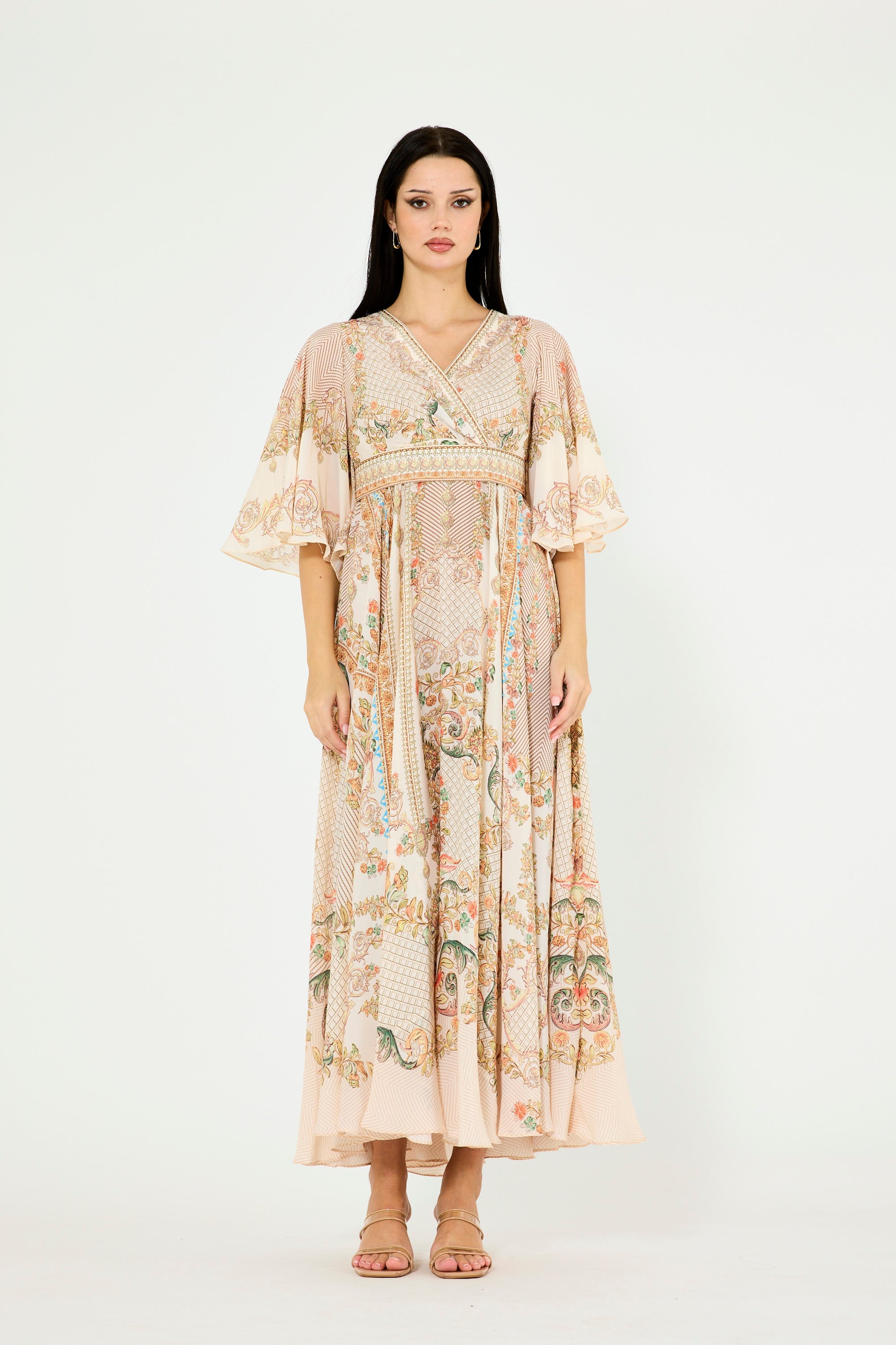 Bell Sleeve Wrap Bodice Fusion Printed Dress