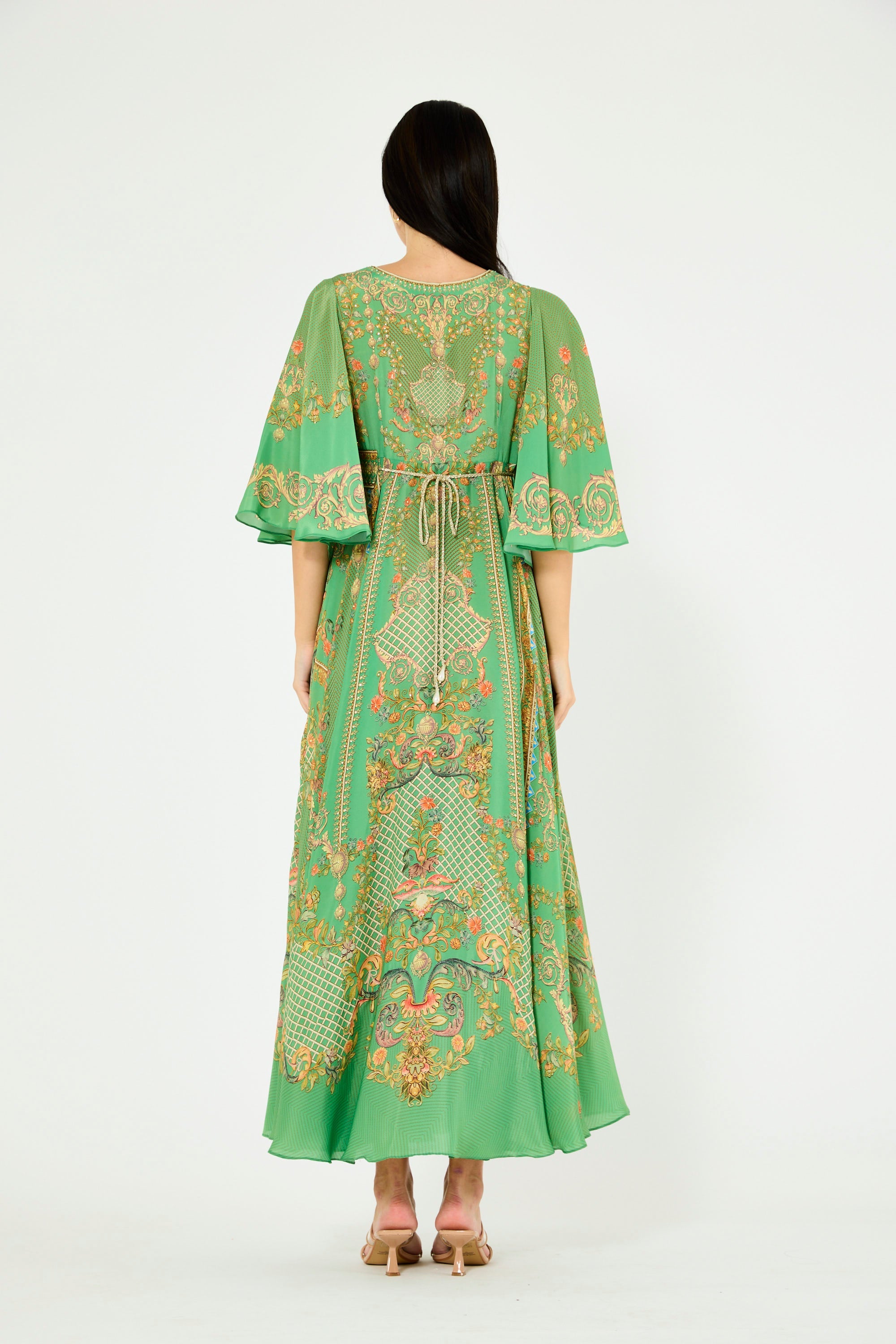 Bell Sleeve Wrap Bodice Fusion Printed Dress