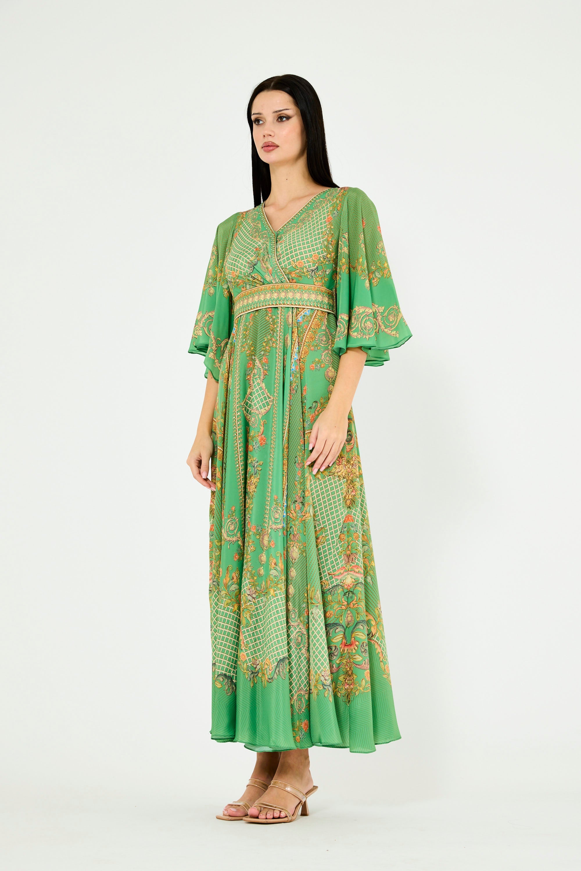 Bell Sleeve Wrap Bodice Fusion Printed Dress