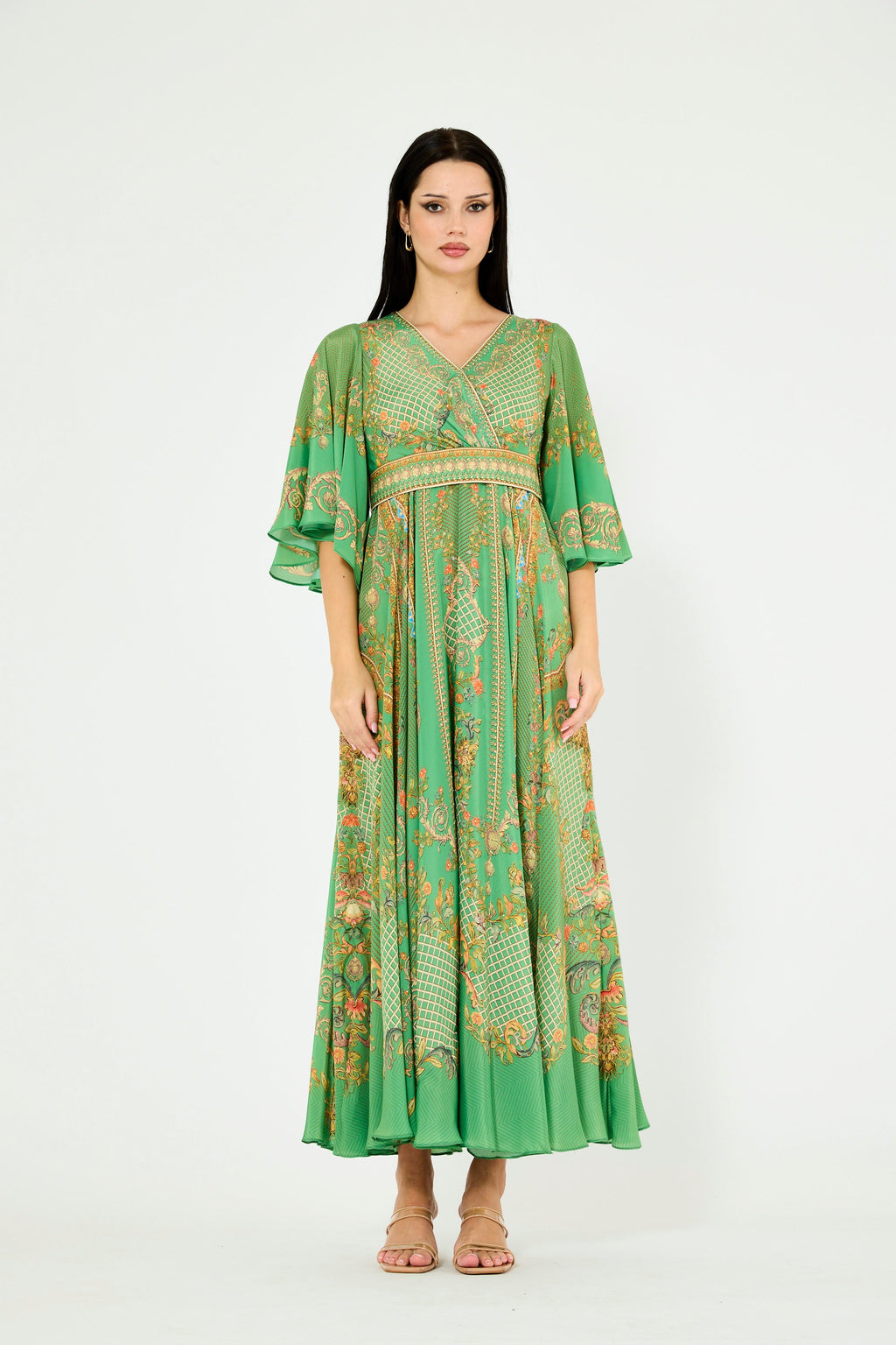 Bell Sleeve Wrap Bodice Fusion Printed Dress