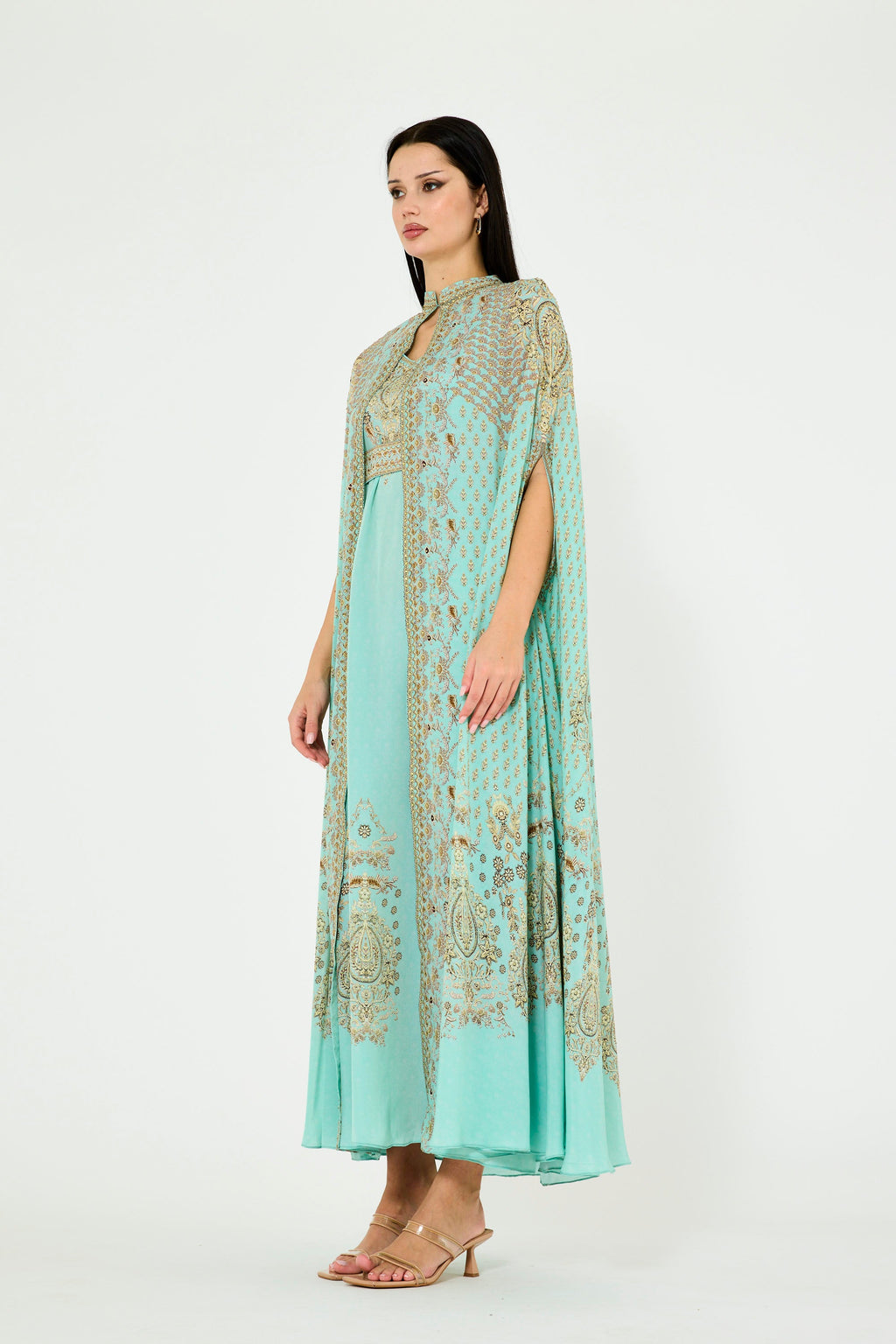 Slit Sleeve All Over Floral Print Bisht & Dress Set