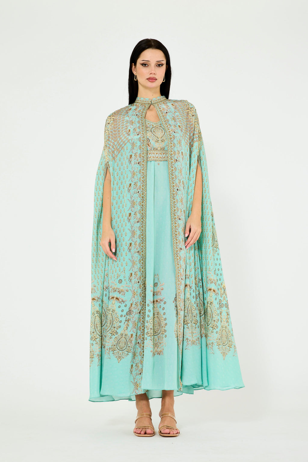 Slit Sleeve All Over Floral Print Bisht & Dress Set