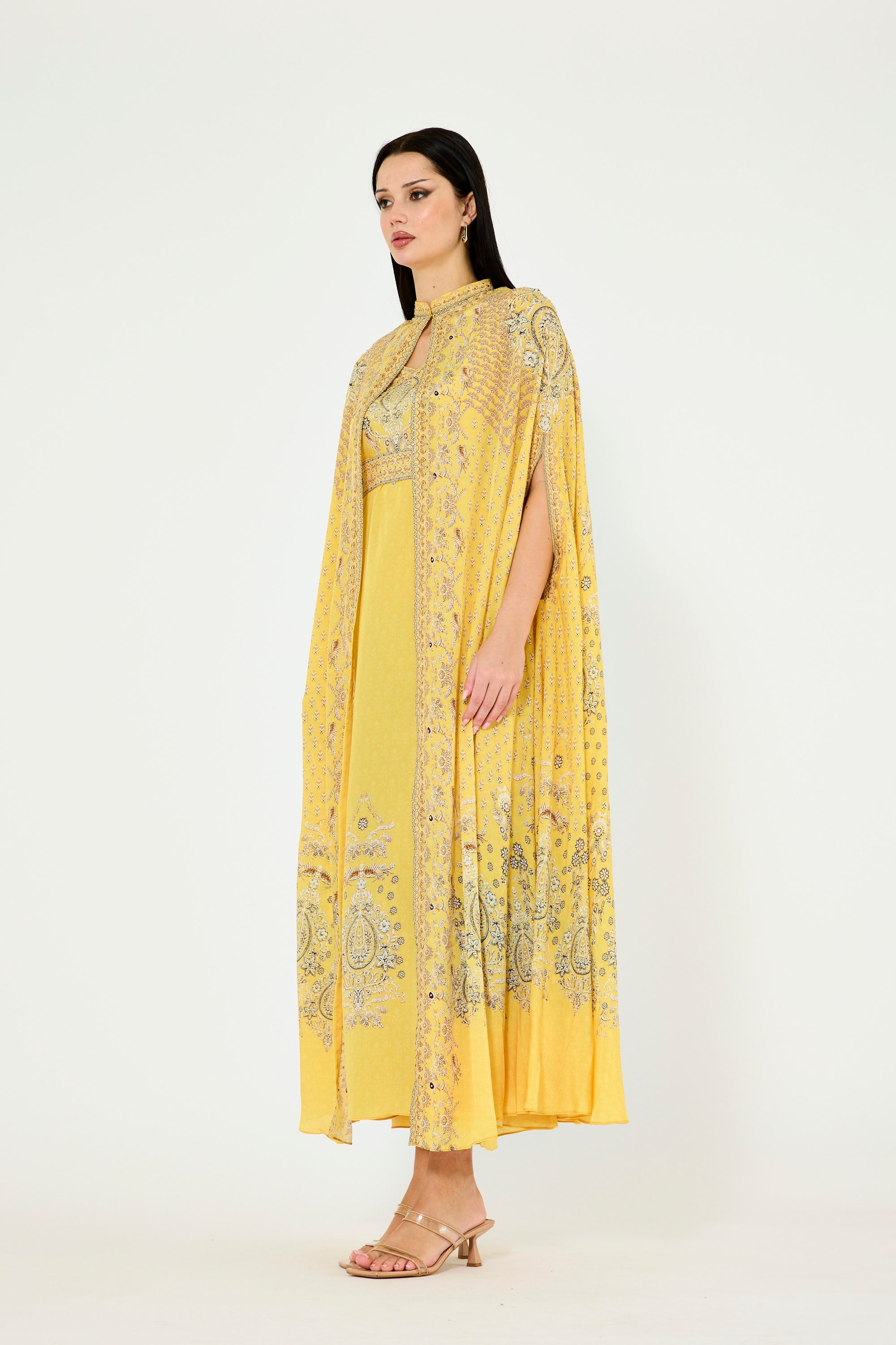 Slit Sleeve All Over Floral Print Bisht & Dress Set
