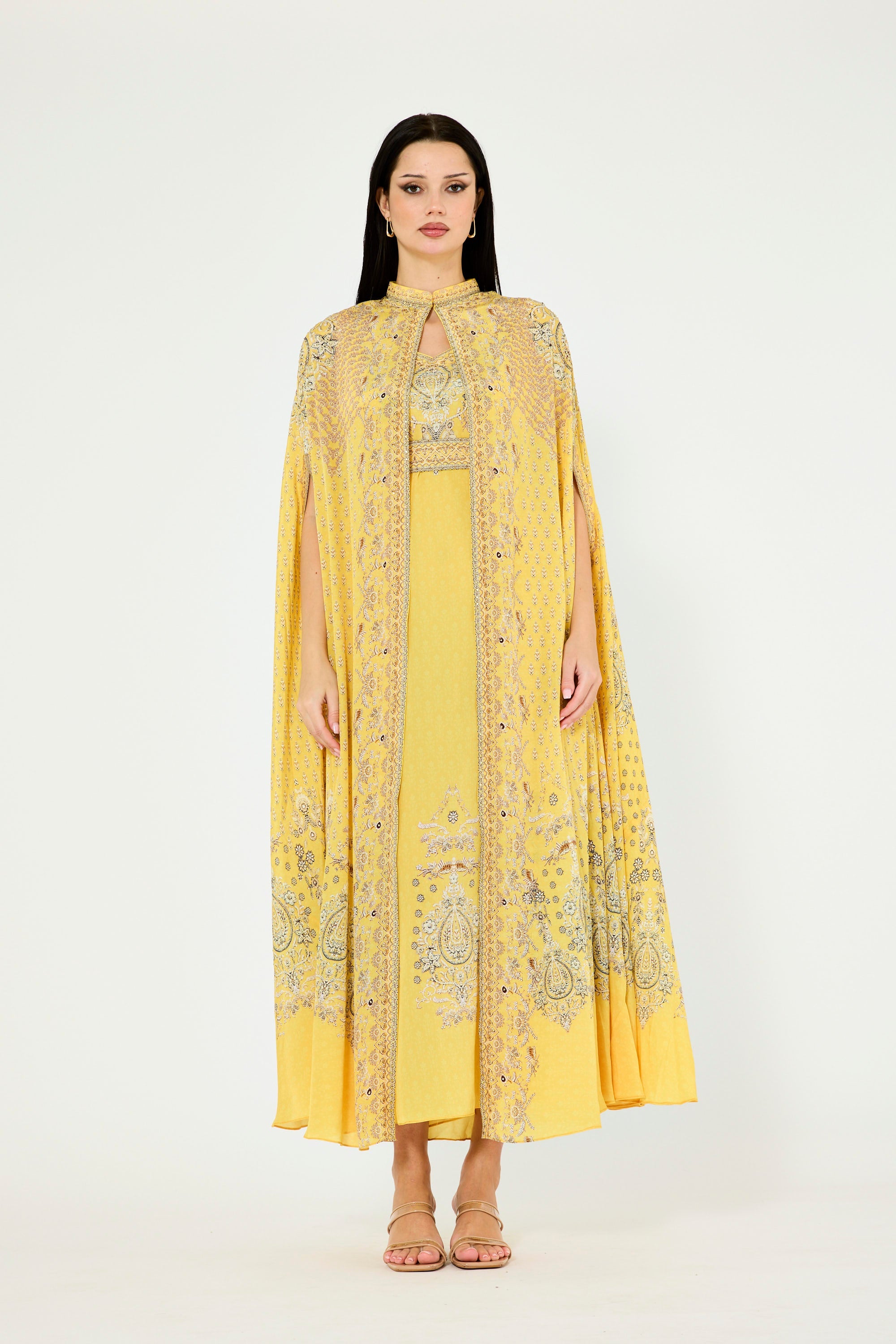 Slit Sleeve All Over Floral Print Bisht & Dress Set