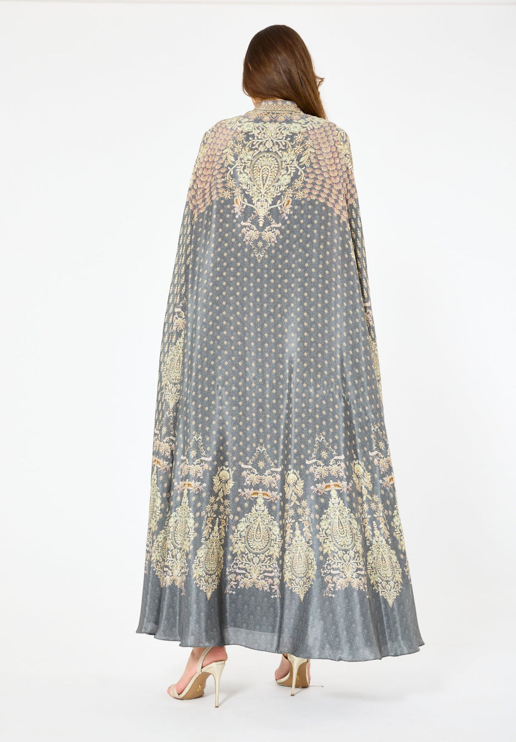 High Collar Bisht & V-Neck Dress Floral Print Set