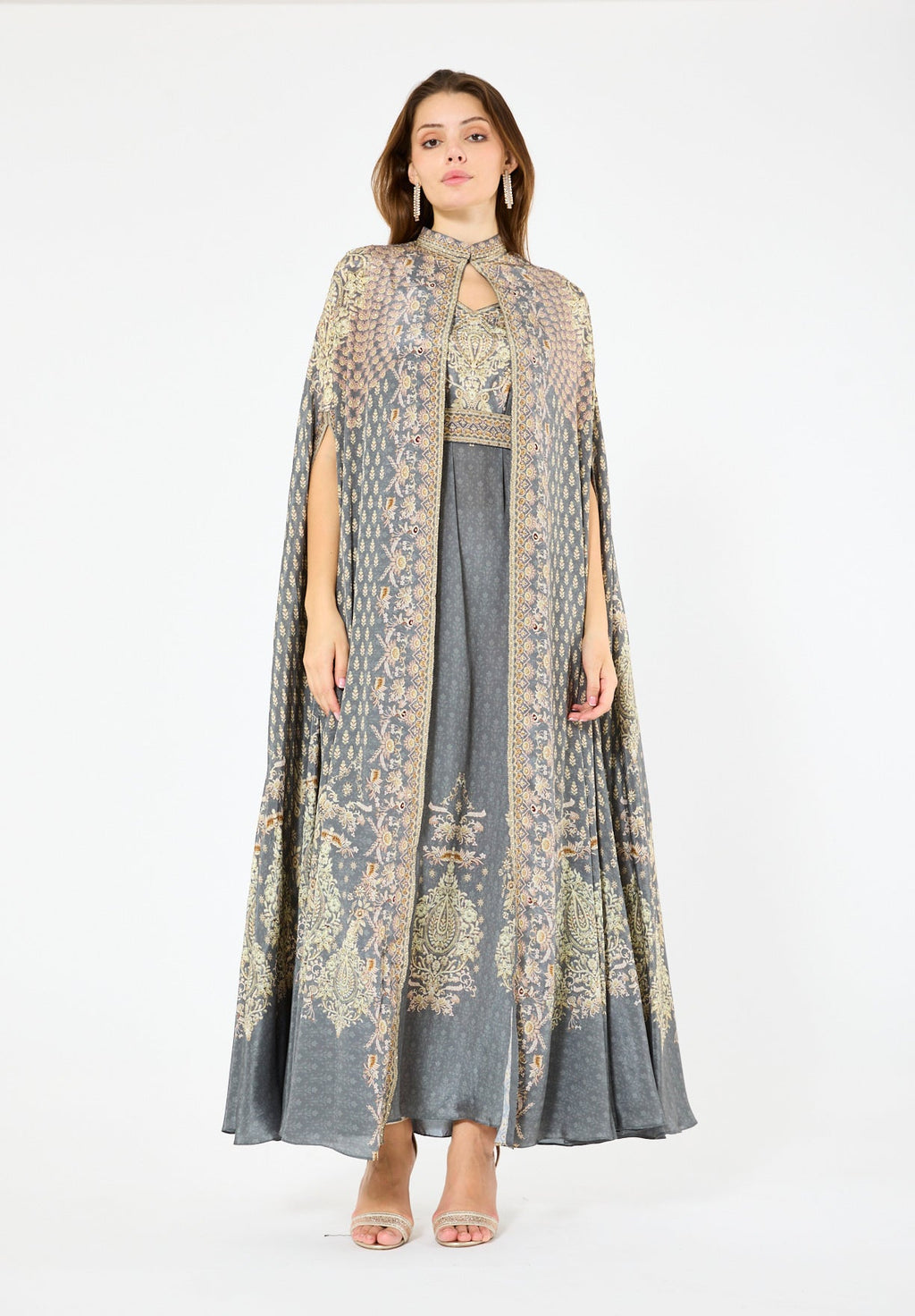 High Collar Bisht & V-Neck Dress Floral Print Set