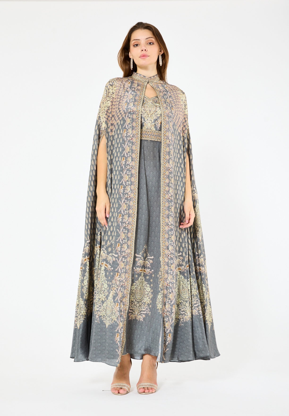 High Collar Bisht & V-Neck Dress Floral Print Set