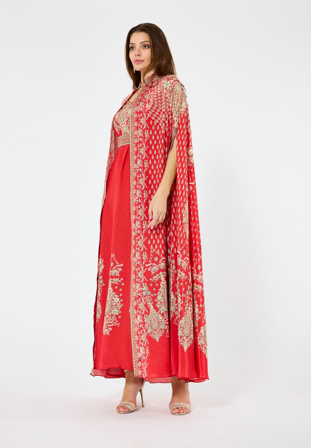 High Collar Bisht & V-Neck Dress Floral Print Set