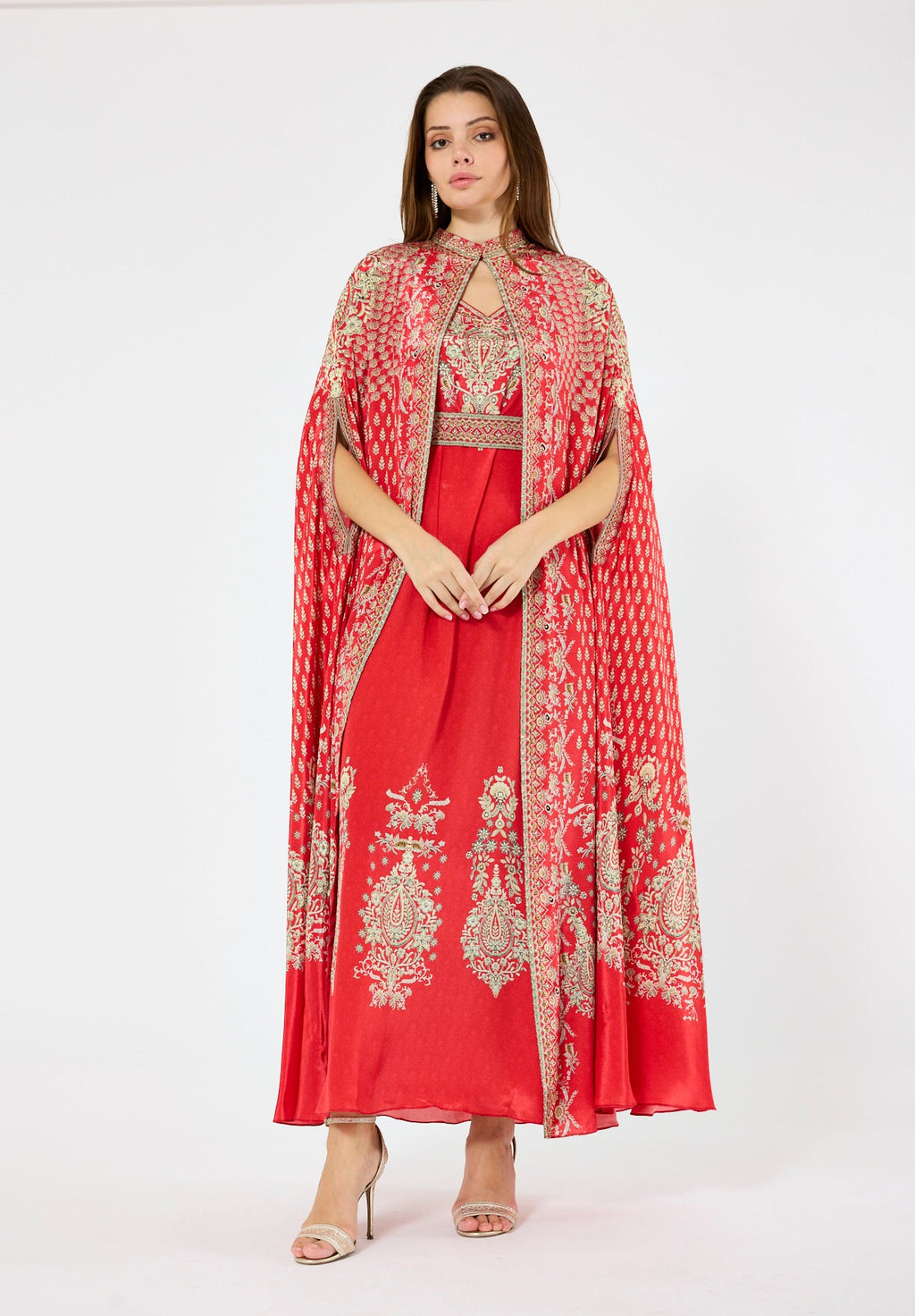 High Collar Bisht & V-Neck Dress Floral Print Set