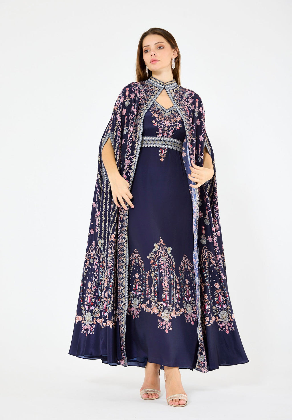Calico Floral Print Bisht & Dress Set
