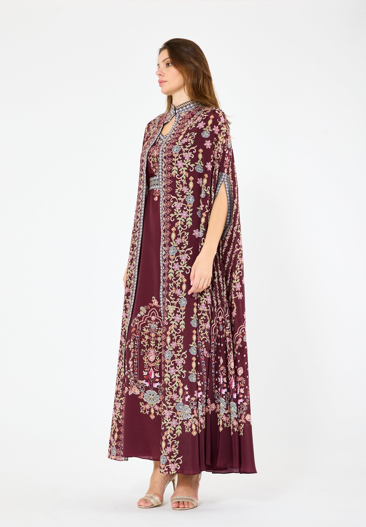 Calico Floral Print Bisht & Dress Set