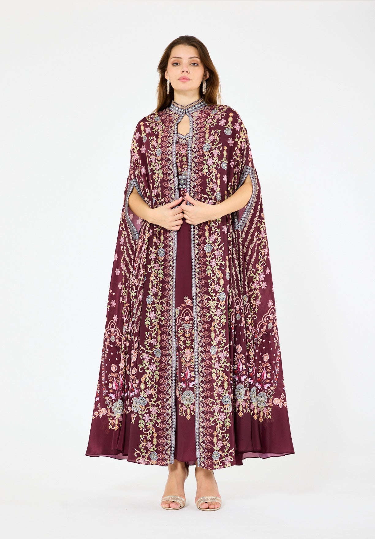 Calico Floral Print Bisht & Dress Set