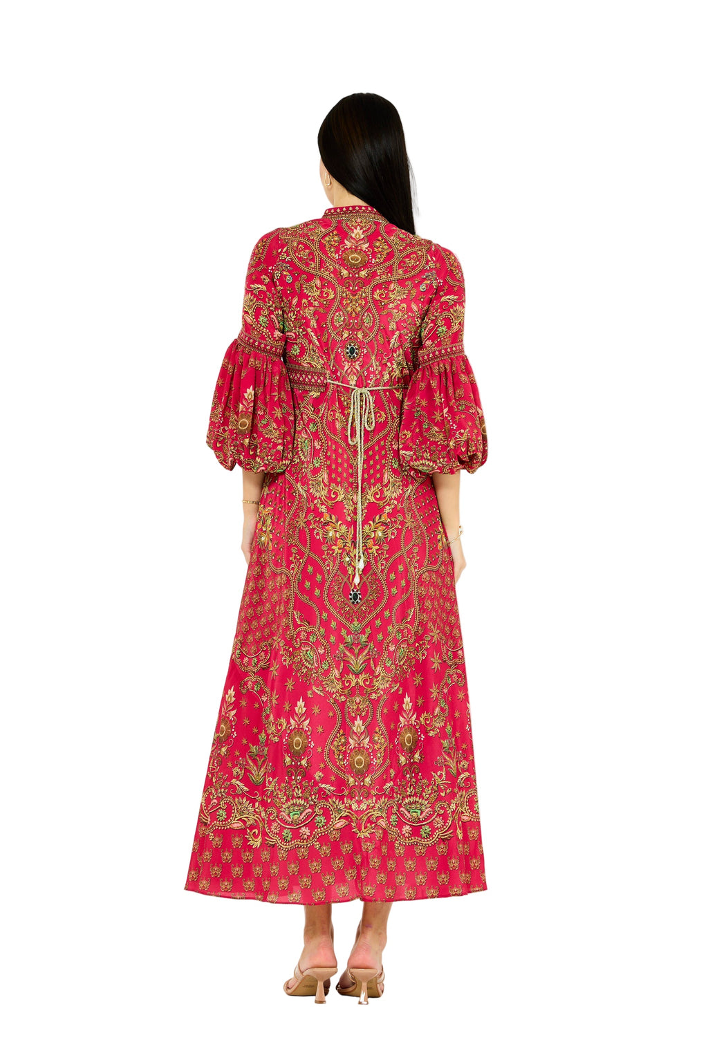 Balloon Sleeves Golden Blooms Print Maxi Dress