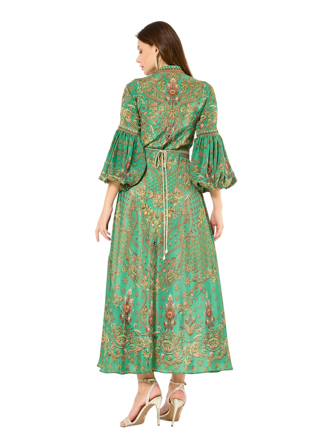 Balloon Sleeves Golden Blooms Print Maxi Dress