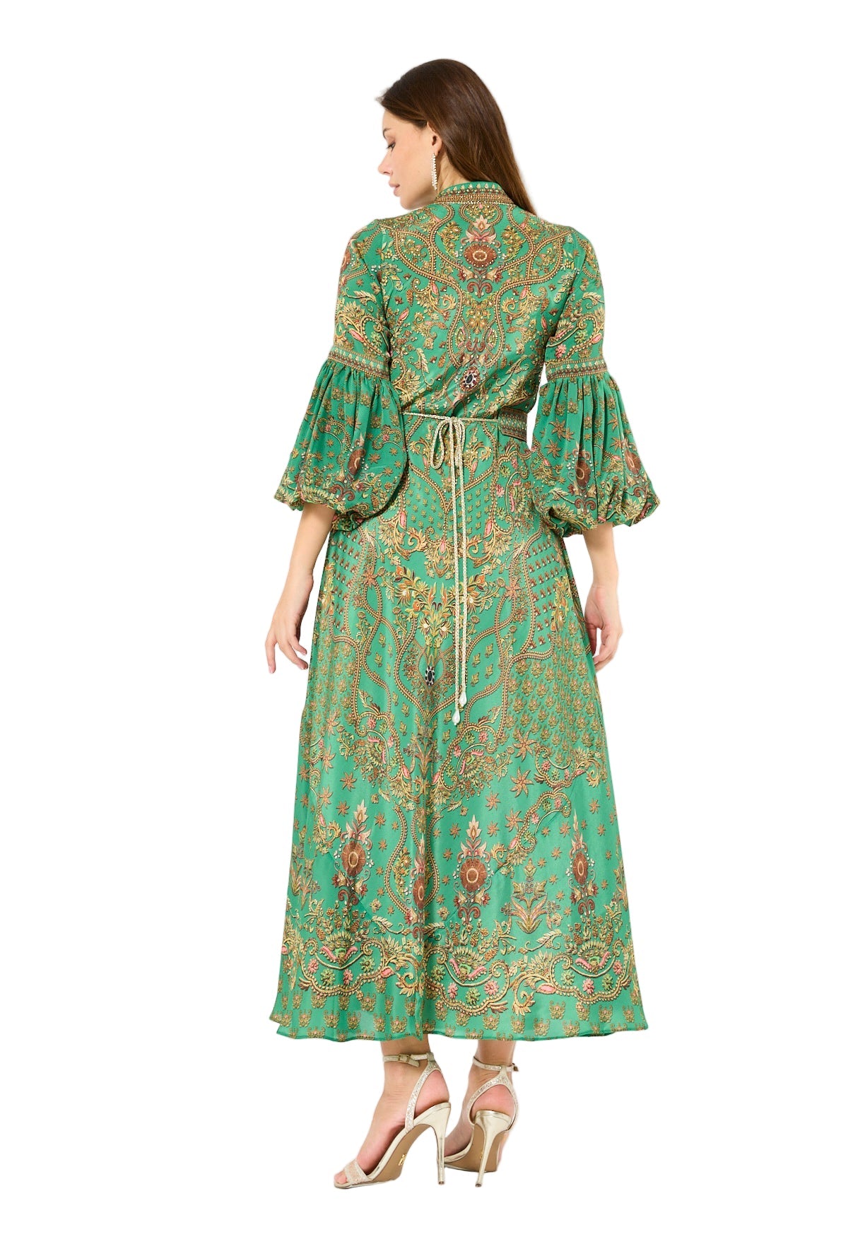 Balloon Sleeves Golden Blooms Print Maxi Dress