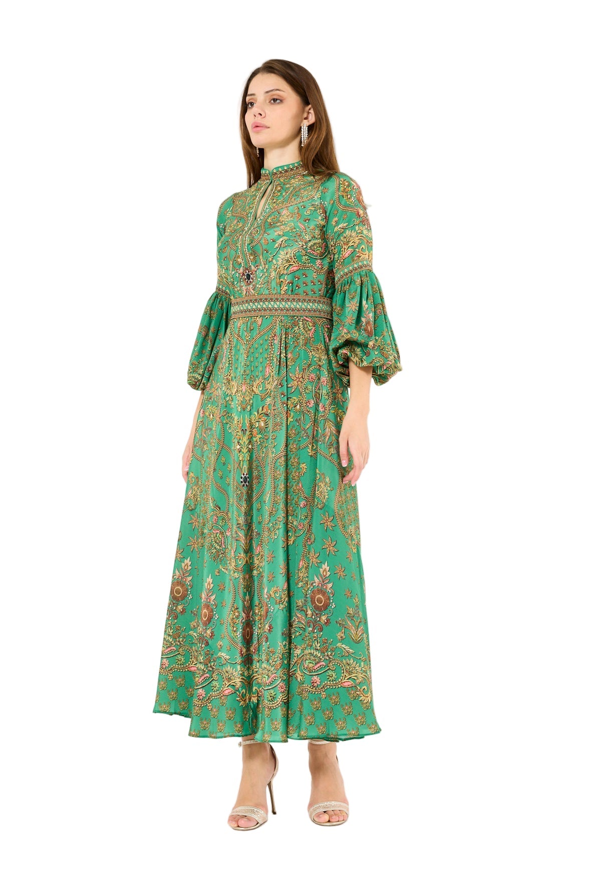 Balloon Sleeves Golden Blooms Print Maxi Dress