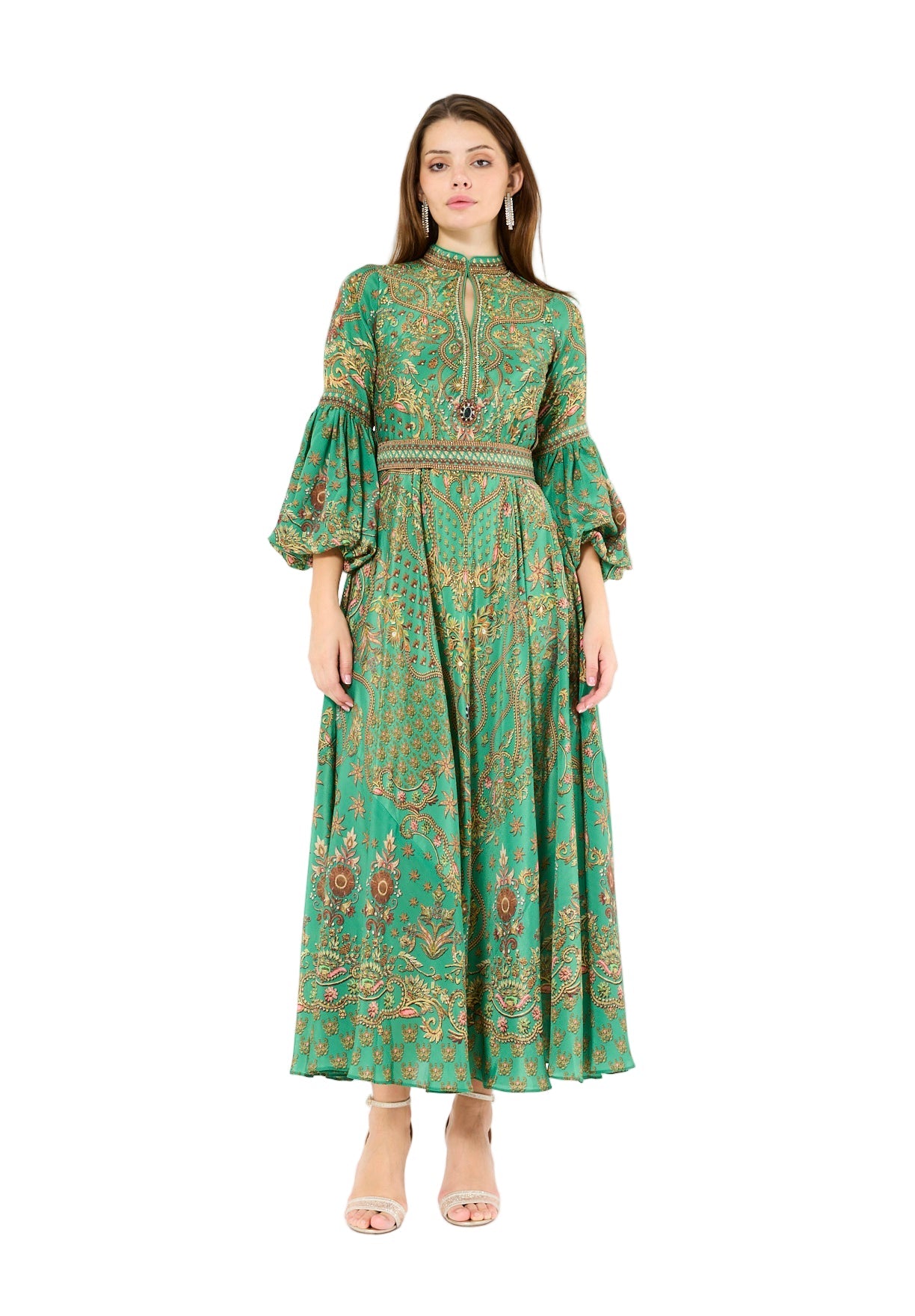 Balloon Sleeves Golden Blooms Print Maxi Dress