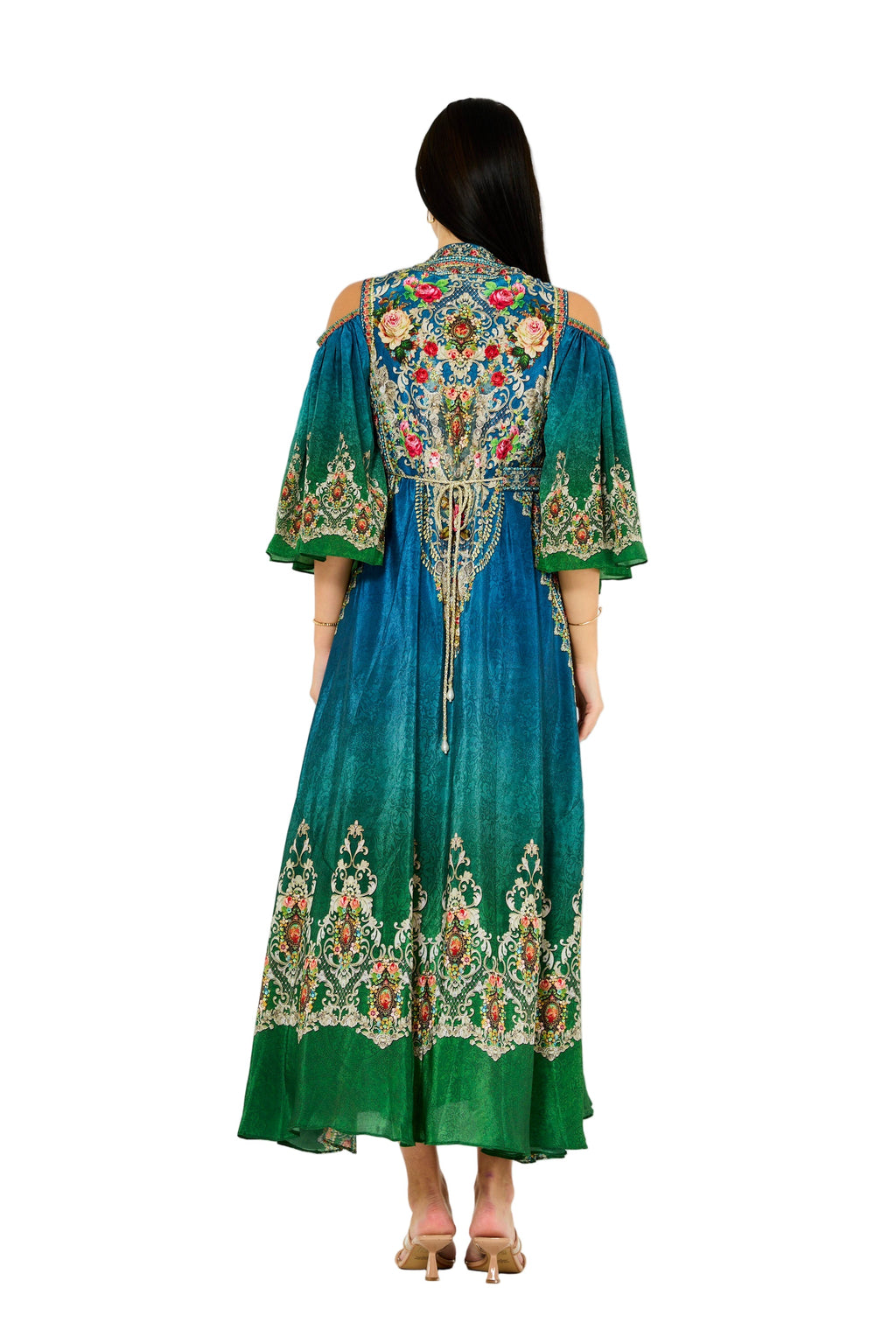 Cold Shoulder Peacock Ombre Floral Print Maxi Dress