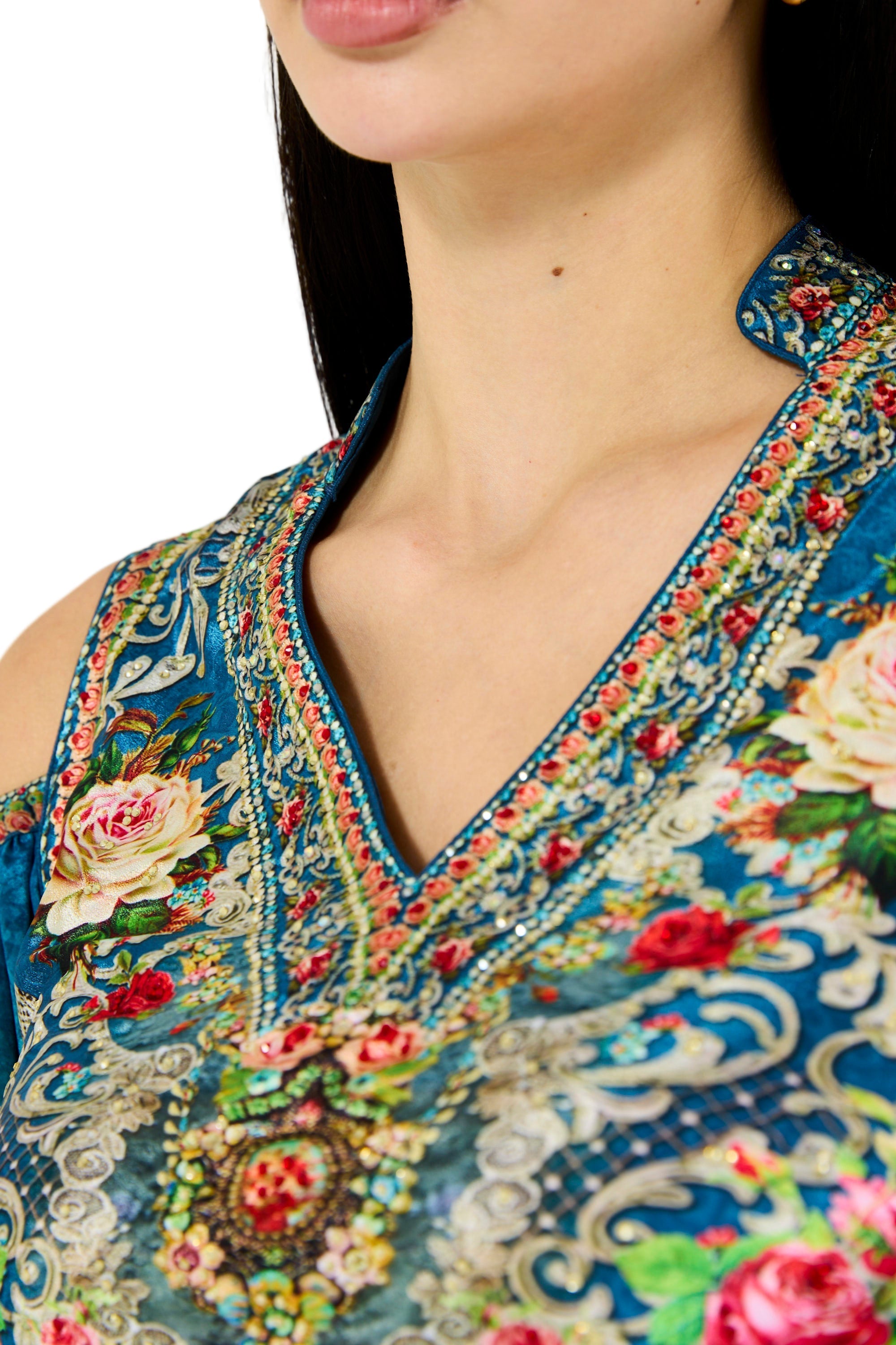 Cold Shoulder Peacock Ombre Floral Print Maxi Dress