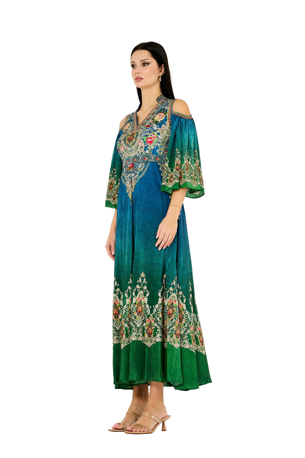 Cold Shoulder Peacock Ombre Floral Print Maxi Dress