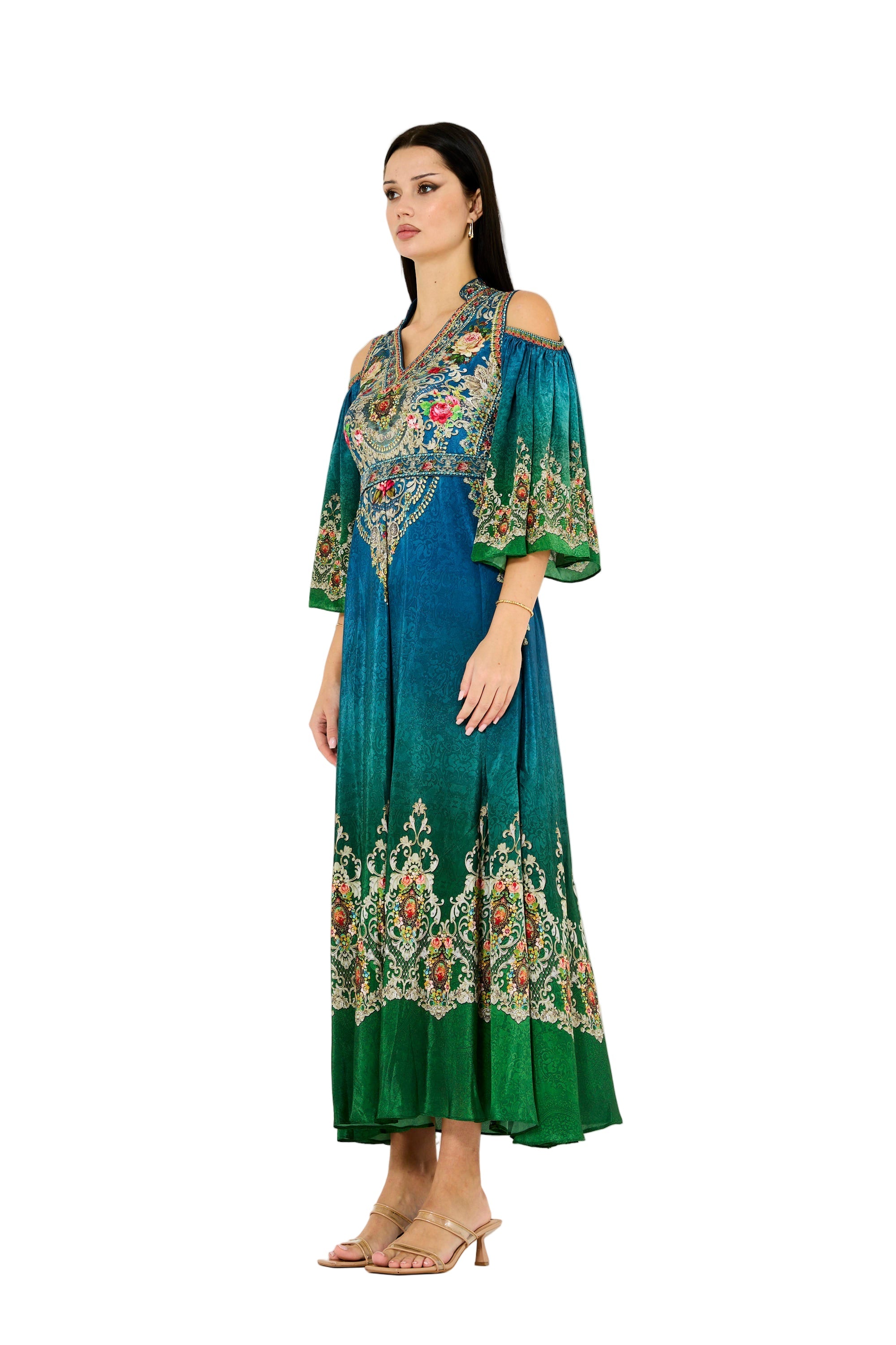 Cold Shoulder Peacock Ombre Floral Print Maxi Dress