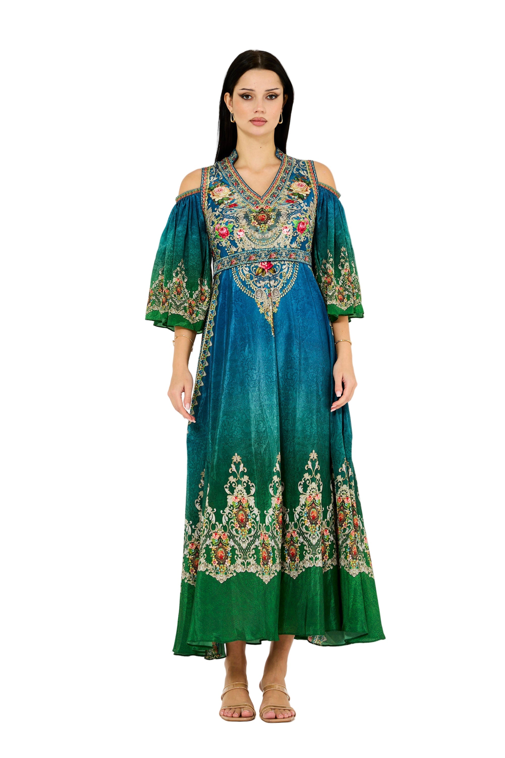 Cold Shoulder Peacock Ombre Floral Print Maxi Dress