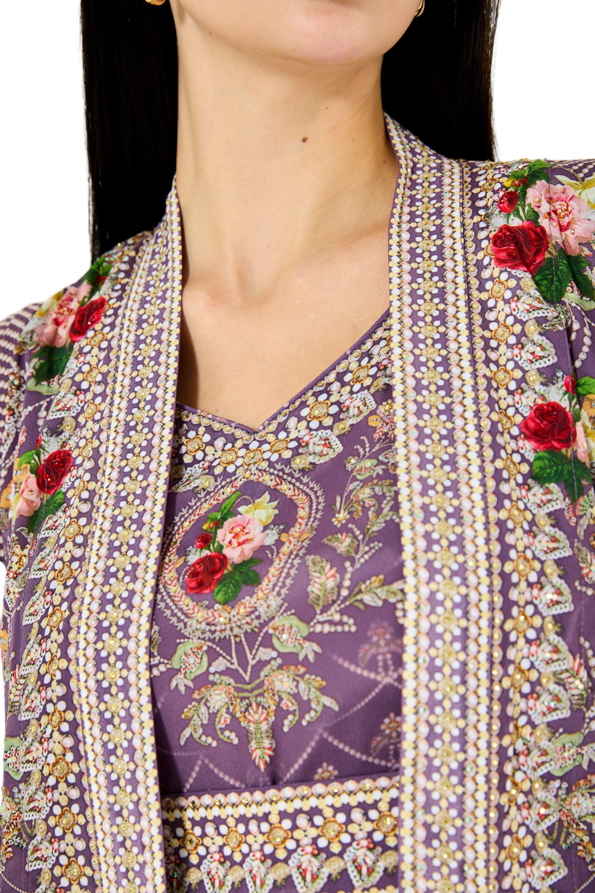 Foliage Pattern Print Bisht & Dress Set