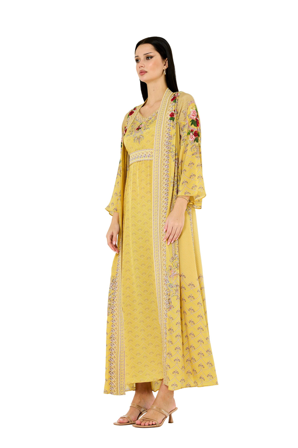Foliage Pattern Print Bisht & Dress Set