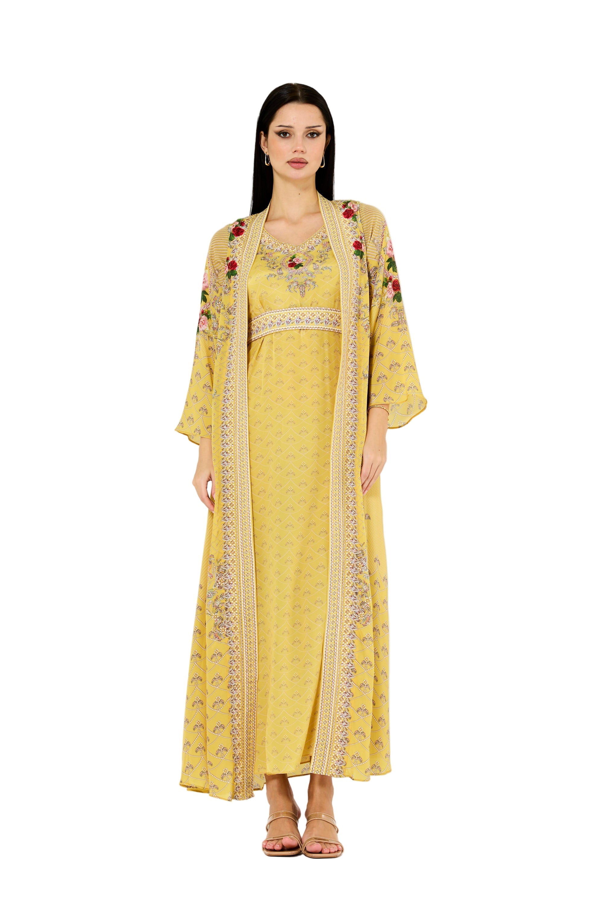 Foliage Pattern Print Bisht & Dress Set