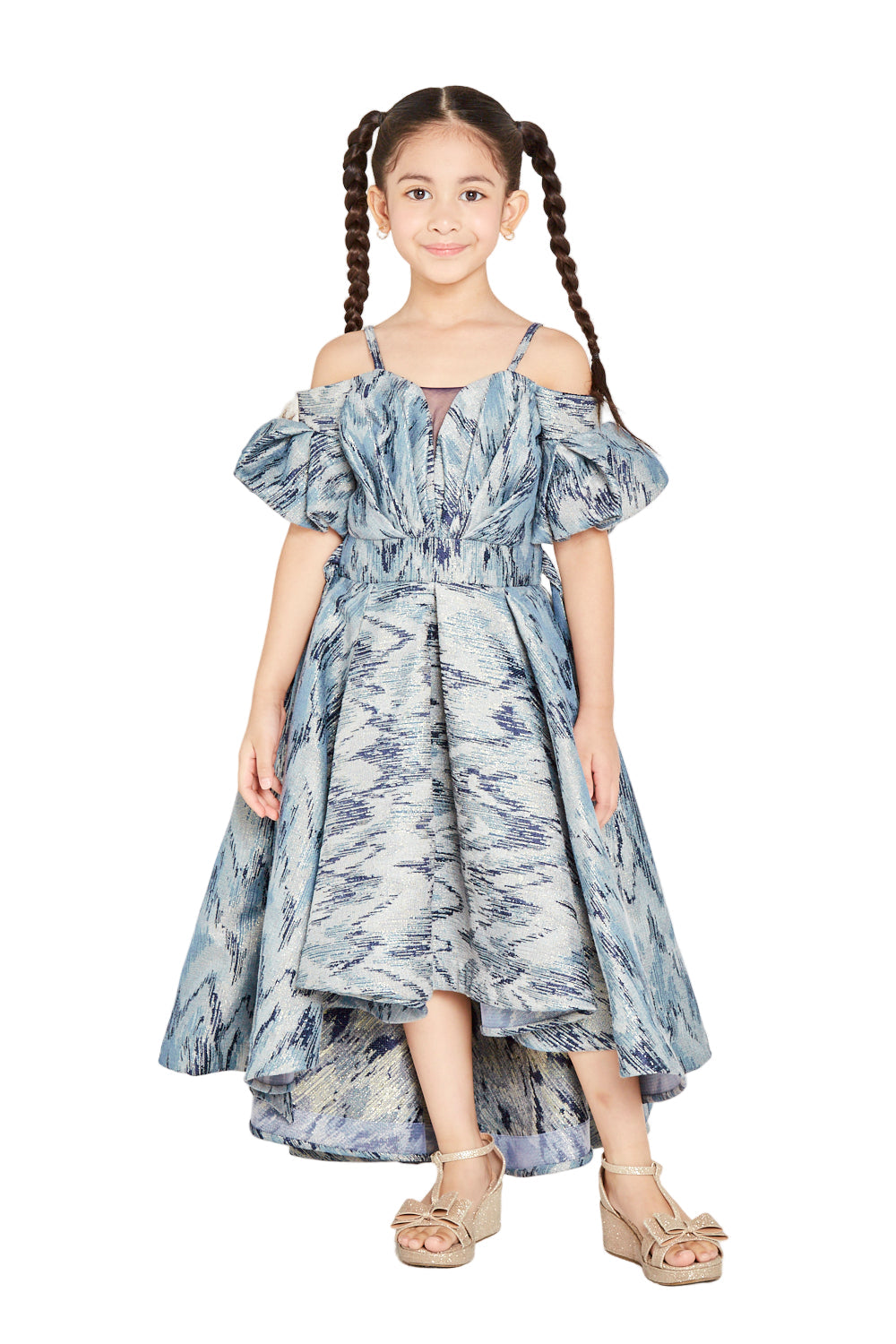 Ikat Pattern Off-Shoulder Puff Sleeve Dress