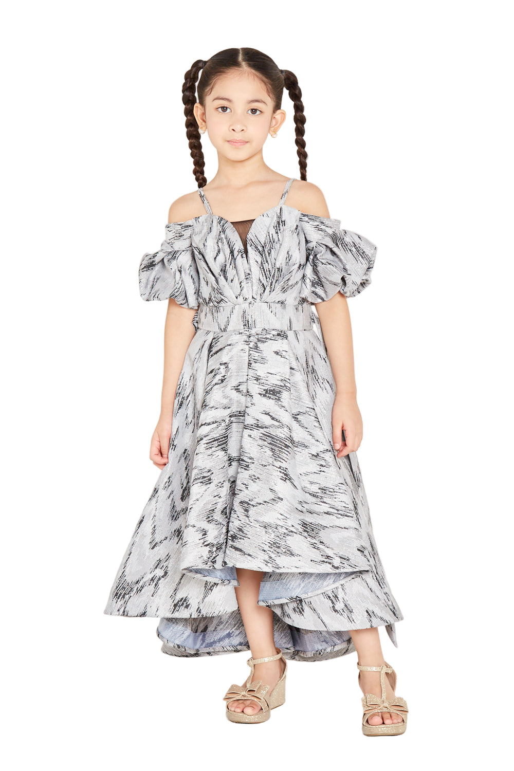 Ikat Pattern Off-Shoulder Puff Sleeve Dress