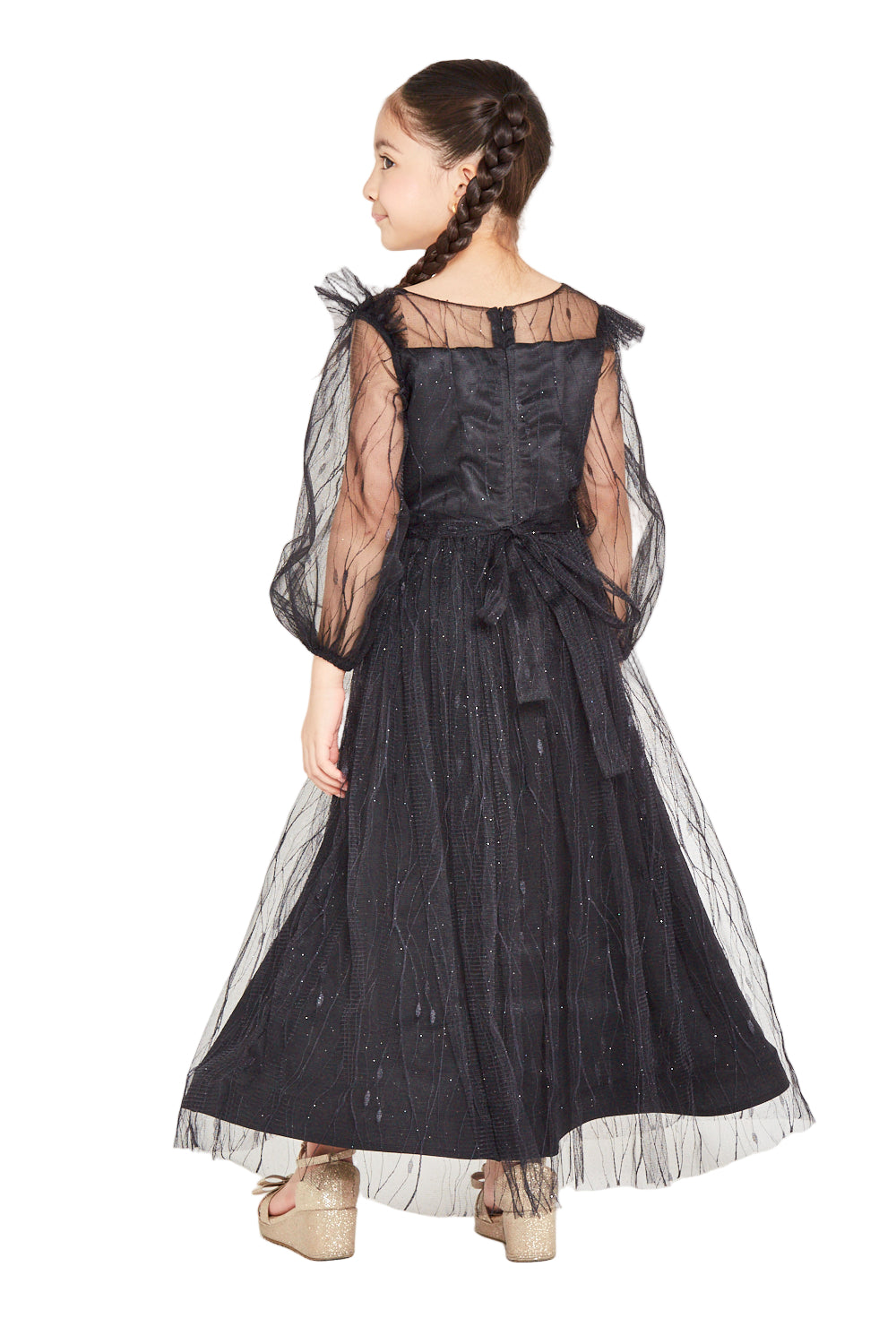 Sheer Sleeve Sparkle Tulle Gown