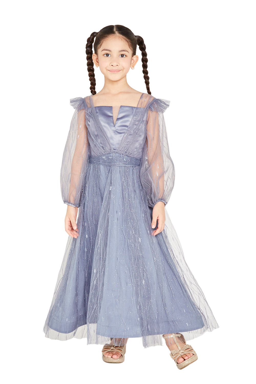 Sheer Sleeve Sparkle Tulle Gown